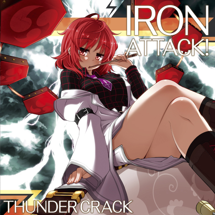 rondo umigame, horikawa raiko, iron attack!, touhou, second-party source, 1girl, album cover, album name, black boots, black shirt, boots, cover, crossed legs, drum, drum set, drumsticks, english text, holding, holding drumsticks, instrument, jacket, lightning, looking at viewer, necktie, plaid clothes, plaid shirt, purple necktie, red eyes, red hair, shirt, short hair, sitting, skirt, solo, taiko drum, thighs, white jacket, white skirt