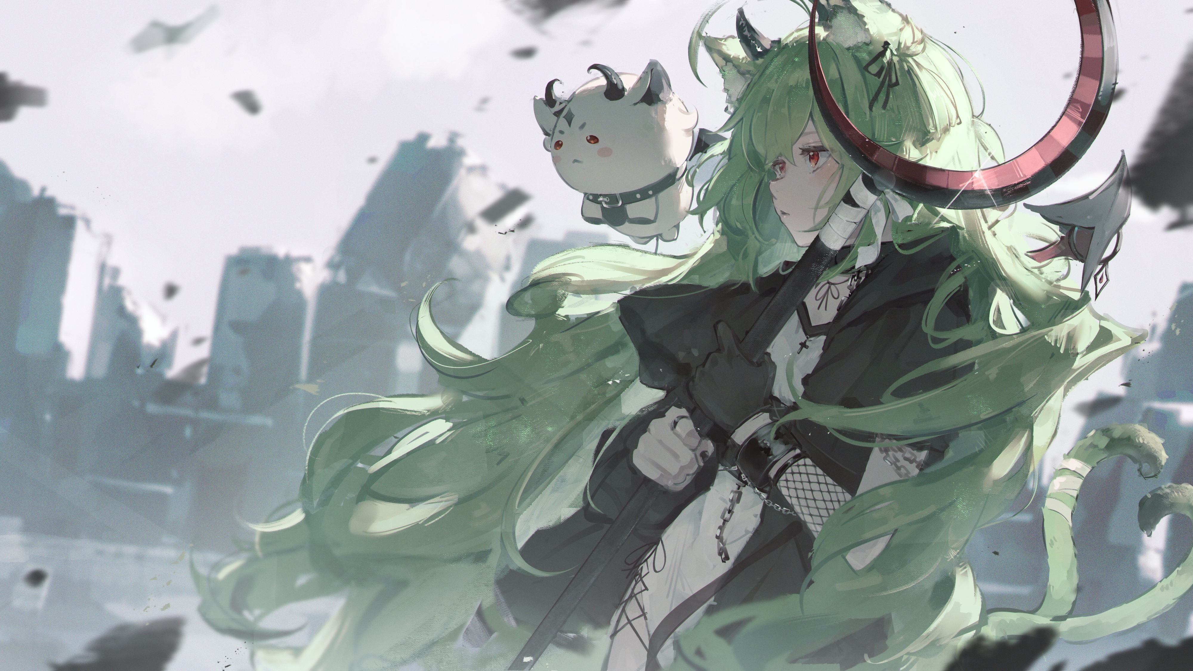 fuunyon, original, absurdres, commentary request, commission, highres, skeb commission, 1girl, animal ear fluff, animal ears, black gloves, black jacket, cat ears, cat tail, gloves, green hair, jacket, long hair, open clothes, open jacket, outdoors, red eyes, shirt, single glove, solo, tail, upper body, white shirt