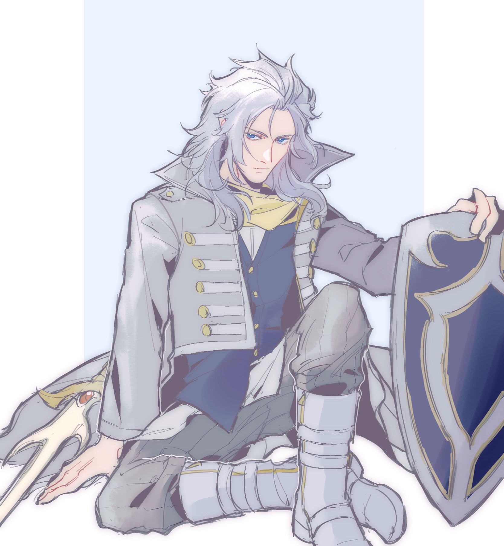 kelland0526, warrior of light (ff1), final fantasy, final fantasy i, highres, 1boy, armored boots, blue background, blue eyes, blue vest, boots, border, cropped jacket, dissidia duellum final fantasy, full body, grey hair, grey jacket, grey pants, holding, holding shield, jacket, long hair, male focus, pants, parted bangs, scarf, shield, sitting, solo, sword, vest, weapon, white border, yellow scarf