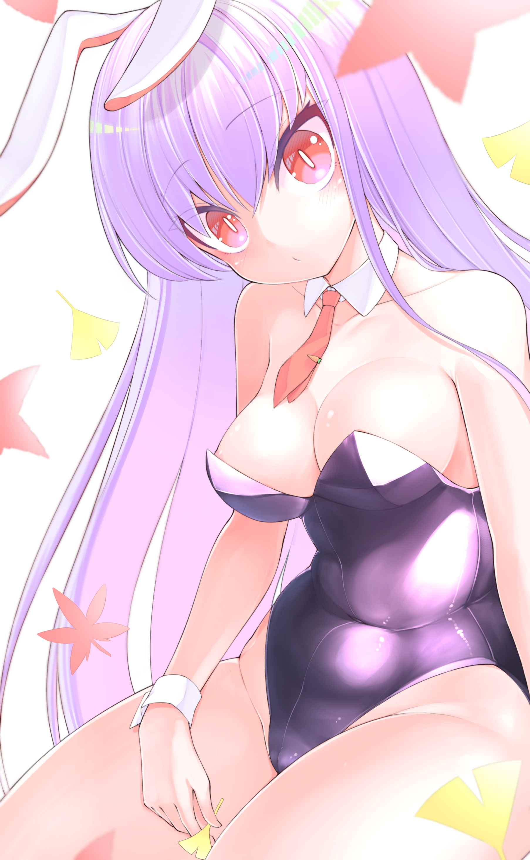harunoha, reisen udongein inaba, touhou, absurdres, commentary request, highres, 1girl, animal ears, black leotard, breasts, cameltoe, cleavage, detached collar, leotard, long hair, looking at viewer, medium breasts, navel, necktie, playboy bunny, purple eyes, rabbit ears, rabbit girl, red eyes, simple background, sitting, solo, thighs, very long hair, white background, wrist cuffs