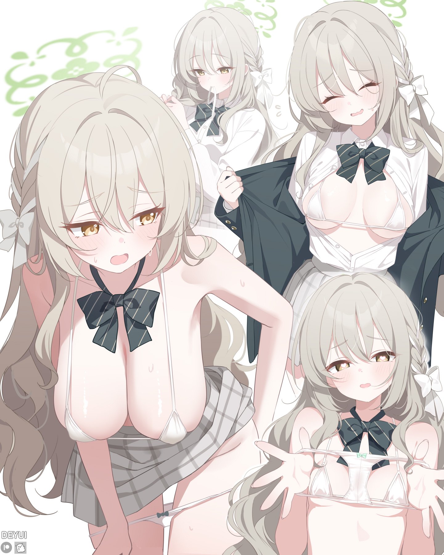 deyui, doodle sensei (blue archive), miyo (blue archive), sensei (blue archive), blue archive, highres, 1boy, 1girl, adapted costume, adjusting hair, ahoge, areola slip, artist name, bare shoulders, bikini, black bow, black bowtie, black coat, blush, bow, bow panties, bowtie, braid, braiding hair, breasts, brown hair, center opening, cleavage, clothes lift, coat, diagonal-striped bow, diagonal-striped bowtie, diagonal-striped clothes, english text, green eyes, green halo, grey hair, grey skirt, hair between eyes, hair bow, hair over shoulder, hair tie in mouth, hairdressing, halo, hand in own hair, hands in own hair, hanging breasts, heart, heart-shaped pupils, holding, holding own hair, holding panties, holding underwear, holding unworn clothes, large breasts, leaning forward, long hair, looking at viewer, looking to the side, medium breasts, micro bikini, miniskirt, mouth hold, multicolored hair, multiple views, no shirt, open clothes, open coat, open mouth, opened by self, panties, panty pull, partially unbuttoned, pleated skirt, presenting removed panties, puffy nipples, school uniform, shirt, sideboob, simple background, skindentation, skirt, skirt lift, solo focus, speech bubble, stained panties, streaked hair, striped bow, striped bowtie, striped clothes, sweat, sweatdrop, swimsuit, symbol-shaped pupils, tying hair, underwear, undressing, very long hair, white background, white bikini, white bow, white panties, white shirt, yellow eyes