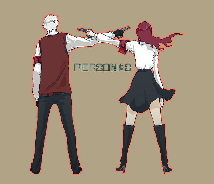 vaayunto yuuki, kirijou mitsuru, sanada akihiko, atlus, persona, persona 3, bad id, bad pixiv id, armband, boots, evoker, gun, high heels, knee boots, shoes, weapon, wind