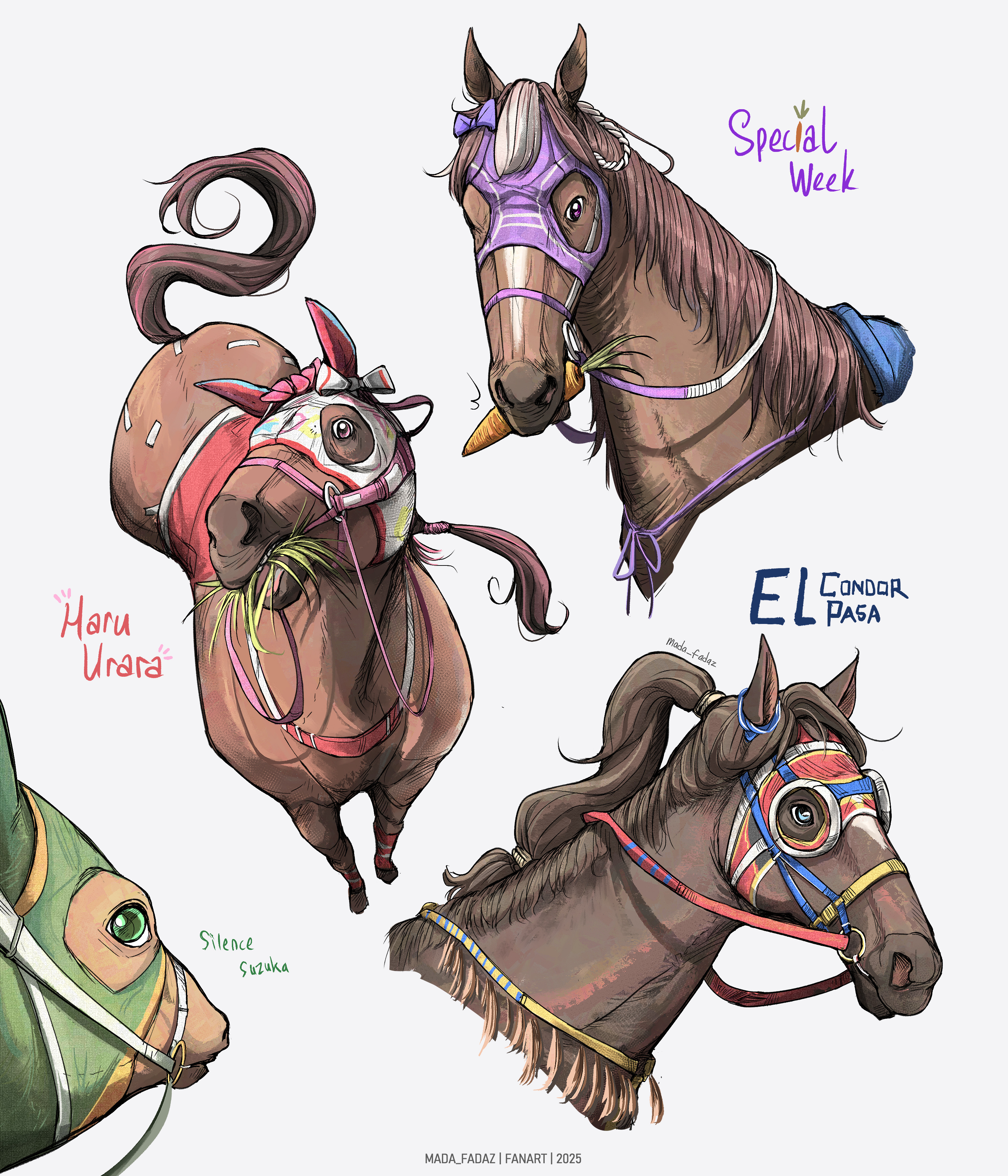 mada fadaz, haru urara (racehorse), silence suzuka (racehorse), special week (racehorse), real life, umamusume, absurdres, highres, animal focus, bandaid, bridle, brown horse, carrot, closed mouth, el condor pasa (racehorse), food in mouth, grass, horse, horse mask, mane, mask, no humans, open mouth, reins, tail, tongue