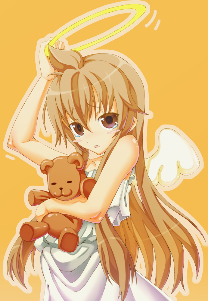 is ii, fujioka-kuma (minami-ke), minami chiaki, minami-ke, bad id, bad pixiv id, 00s, ahoge, angel, brown eyes, brown hair, dress, halo, holding halo, long hair, simple background, solo, tears, traditional halo, wings