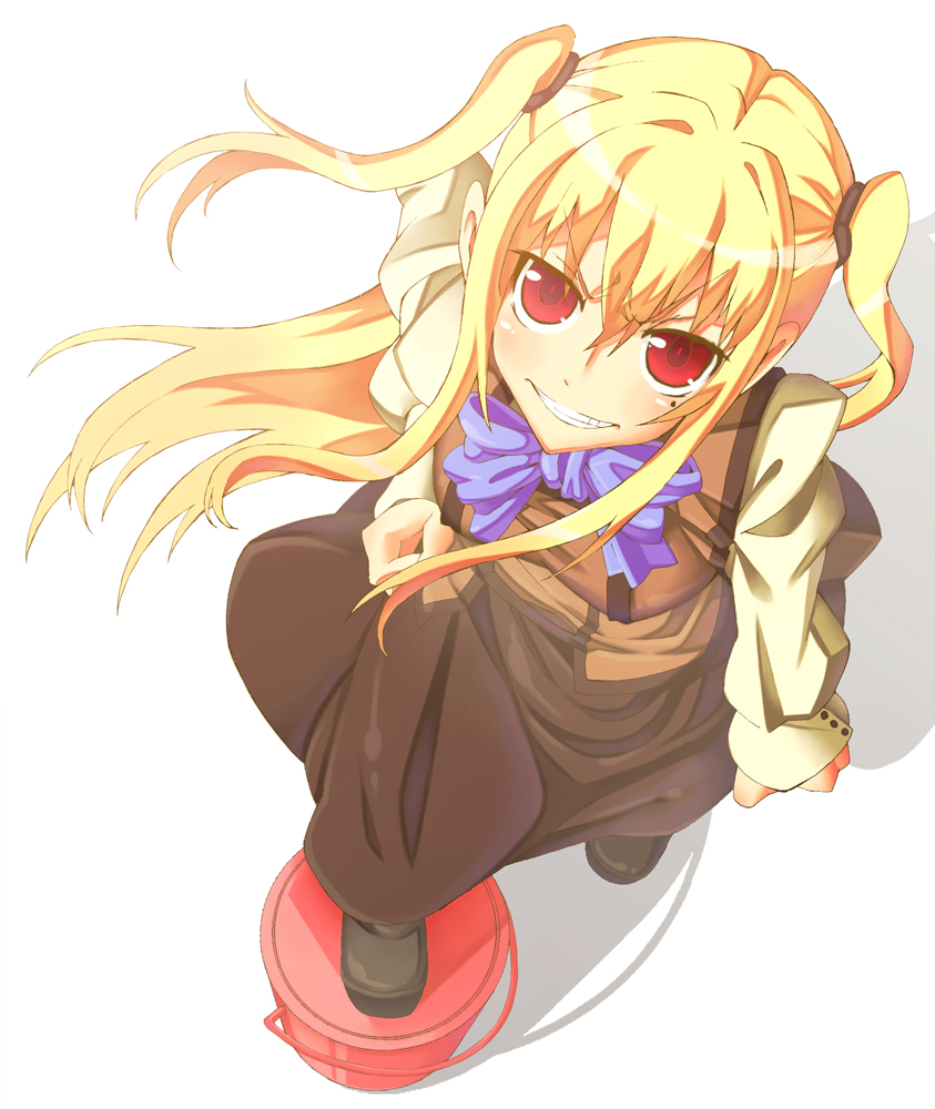 is ii, shidou mariya, maria holic, bad id, bad pixiv id, 00s, 1boy, blonde hair, bow, from above, full body, grin, long hair, male focus, mole, mole under eye, red eyes, school uniform, smile, solo, trap, twintails, two side up, white background