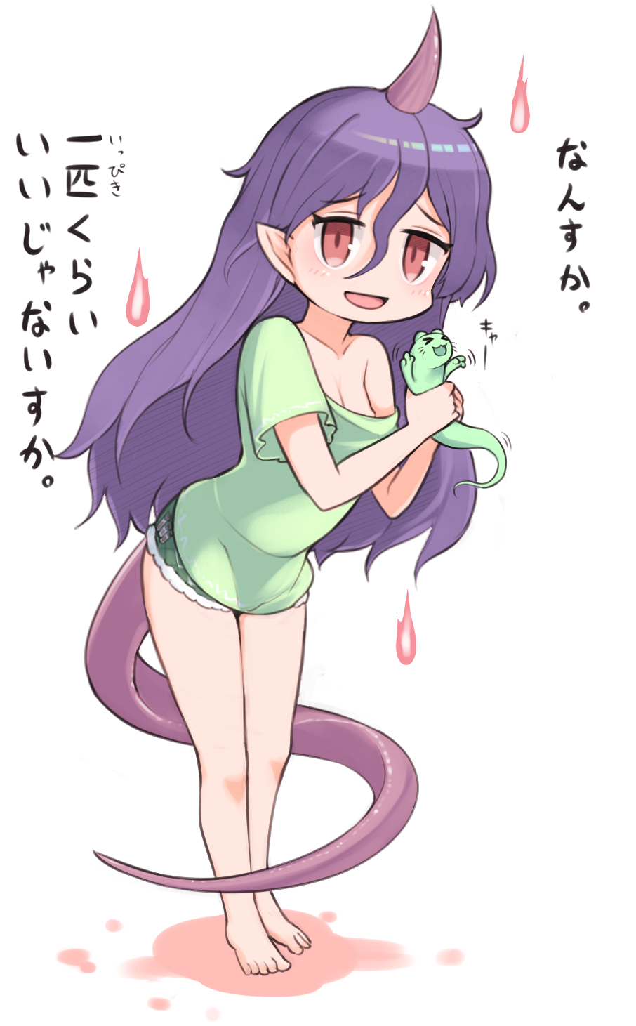 harunoha, otter spirit (touhou), tenkajin chiyari, touhou, commentary request, highres, translation request, 1girl, barefoot, blush, breasts, cleavage, full body, green shirt, green shorts, horns, long hair, looking at viewer, medium breasts, open mouth, pointy ears, purple hair, purple horns, red eyes, shirt, short shorts, short sleeves, shorts, simple background, single horn, smile, solo, standing, t-shirt, white background