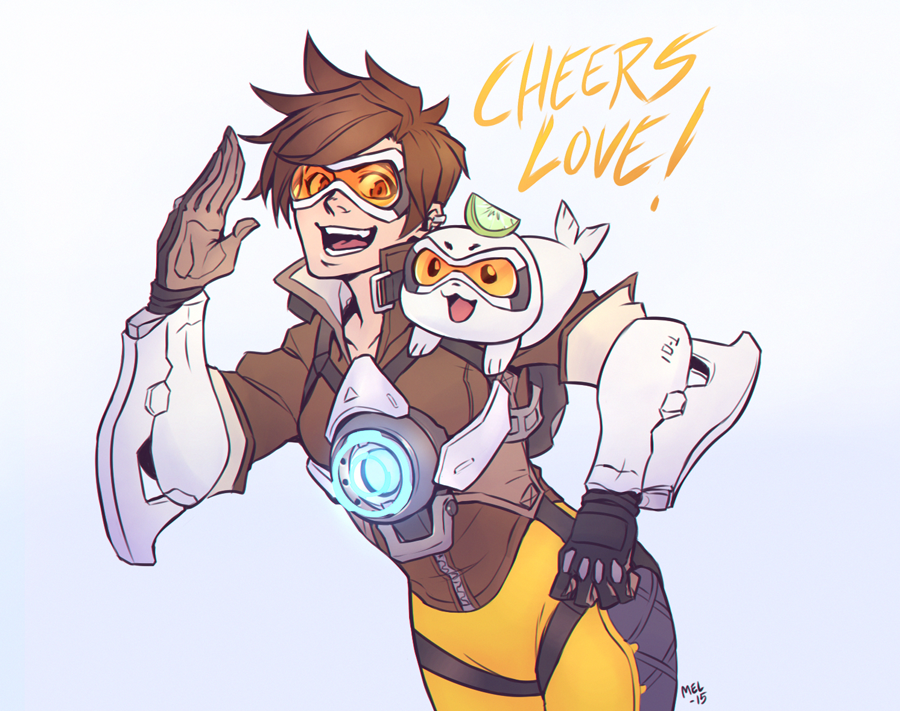 laimu (vtuber), tracer (overwatch), overwatch, vinesauce, 1girl, animal, animal on shoulder, black gloves, brown hair, cosplay, ear piercing, english text, food, food on head, fruit, fruit on head, gloves, goggles, kaimann, laimu (vtuber) (seal), lime (fruit), lime slice, object on head, open mouth, orange-tinted eyewear, piercing, seal (animal), simple background, smile, tinted eyewear, tracer (overwatch) (cosplay)