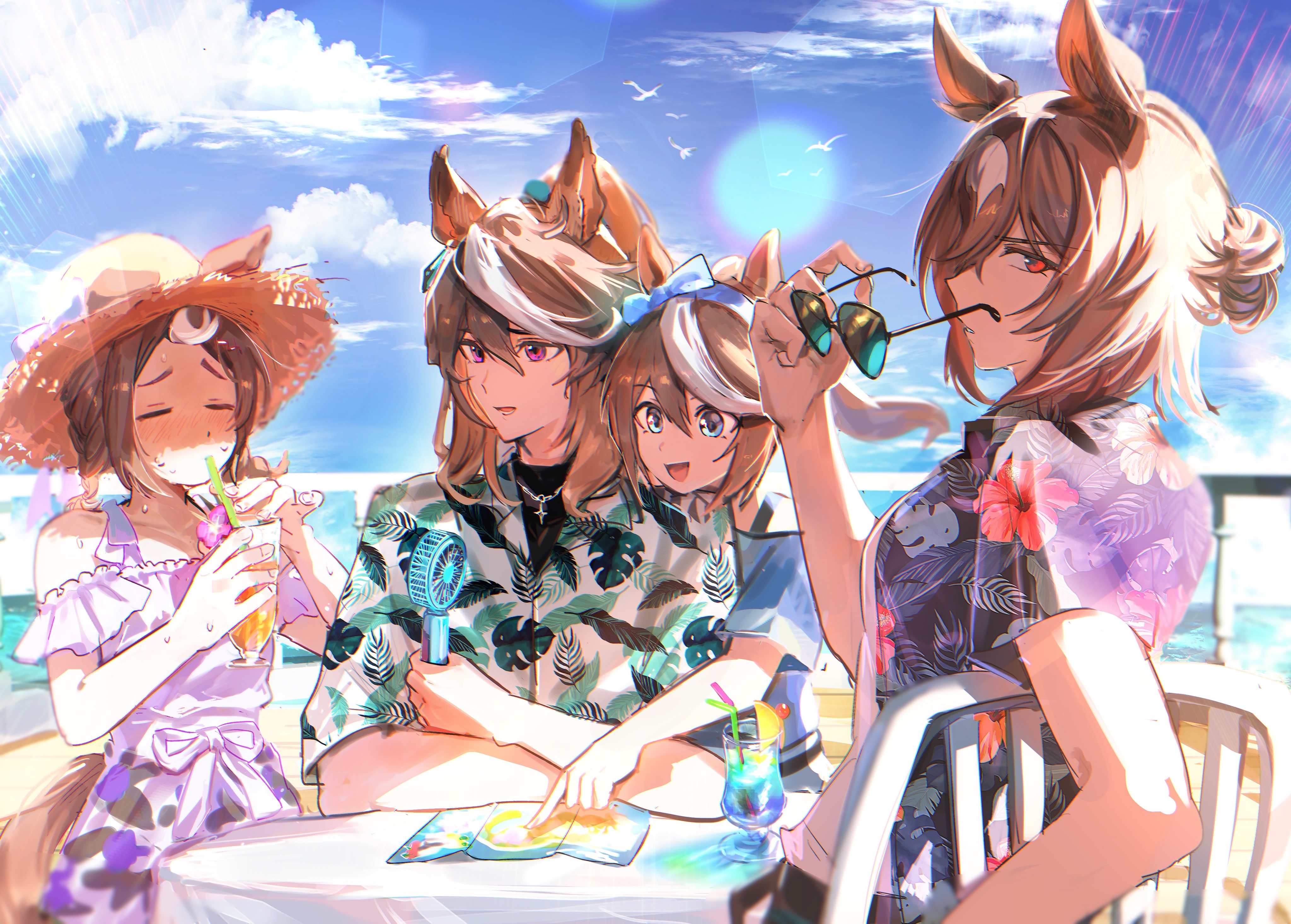 bojue (hakus 1128), sirius symboli (umamusume), symboli rudolf (umamusume), tokai teio (umamusume), tsurumaru tsuyoshi (umamusume), umamusume, absurdres, commentary, highres, symbol-only commentary, 4girls, :d, animal ears, bird, black shirt, blue eyes, blush, bow, braid, brown hair, chair, cloud, collarbone, crossed arms, cup, dress, drinking, drinking glass, drinking straw, ears through headwear, floral print, floral print dress, food, fruit, hair bun, hat, hat bow, hawaiian shirt, holding, holding cup, holding removed eyewear, horse ears, horse girl, horse tail, jewelry, looking at viewer, looking back, looking to the side, multicolored hair, multiple girls, necklace, non-circular lens flare, off-shoulder dress, off shoulder, open mouth, parted lips, pointing, ponytail, print dress, profile, purple eyes, railing, red eyes, shirt, short sleeves, sitting, sky, smile, straw hat, streaked hair, sunglasses, sweat, table, tail, tropical drink, twin braids, unworn eyewear, white bow, white dress, white shirt