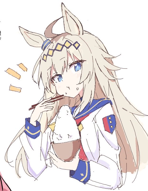 akure1129, oguri cap (starlight beat) (umamusume), oguri cap (umamusume), umamusume, 1girl, ahoge, animal ears, blue eyes, blue sailor collar, bowl, brooch, chopsticks, ear ornament, eating, food, food on face, grey hair, holding, holding chopsticks, horse ears, horse girl, jewelry, looking at viewer, neckerchief, red neckerchief, rice bowl, sailor collar, sketch, solo, star brooch, surprised