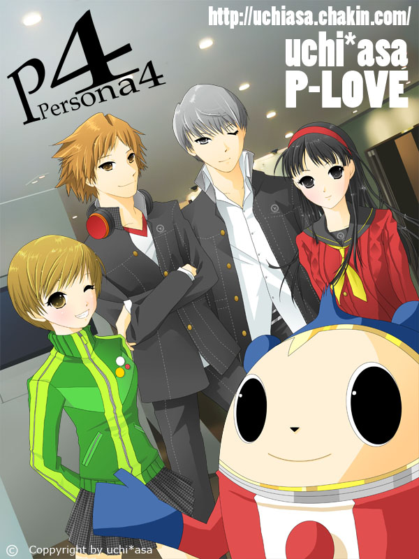 uchi-asa, amagi yukiko, hanamura yousuke, kuma (persona 4), narukami yu, satonaka chie, atlus, persona, persona 4, silver hair, 2boys, 2girls, black hair, blonde hair, brown hair, chalkboard, dutch angle, indoors, jacket, looking at viewer, multiple boys, multiple girls, one eye closed, school, school uniform, track jacket, wink