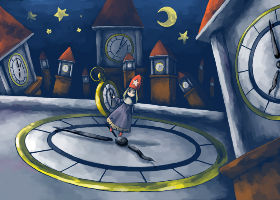 kaba (kaiten1214), kaba (pixiv), time mage, time mage (fft), final fantasy, final fantasy tactics, bad id, bad pixiv id, 1girl, blonde hair, city, clock, clock tower, crescent moon, female focus, hat, moon, night, robe, solo, star (symbol), tower