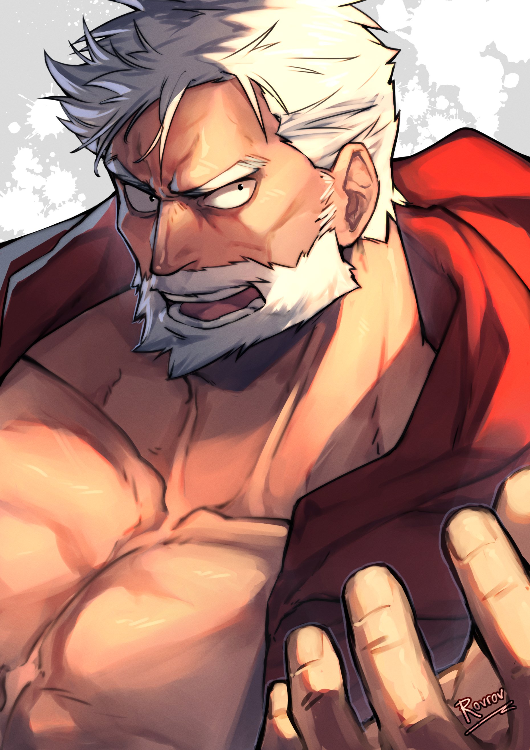 sanda (itagaki paru), absurdres, highres, 1boy, bara, beard, collarbone, connected beard, facial hair, full beard, jacket, male focus, muscular, muscular male, old, old man, open mouth, pectorals, red jacket, rovrov, santa claus (sanda), short hair, solo, upper body, white hair