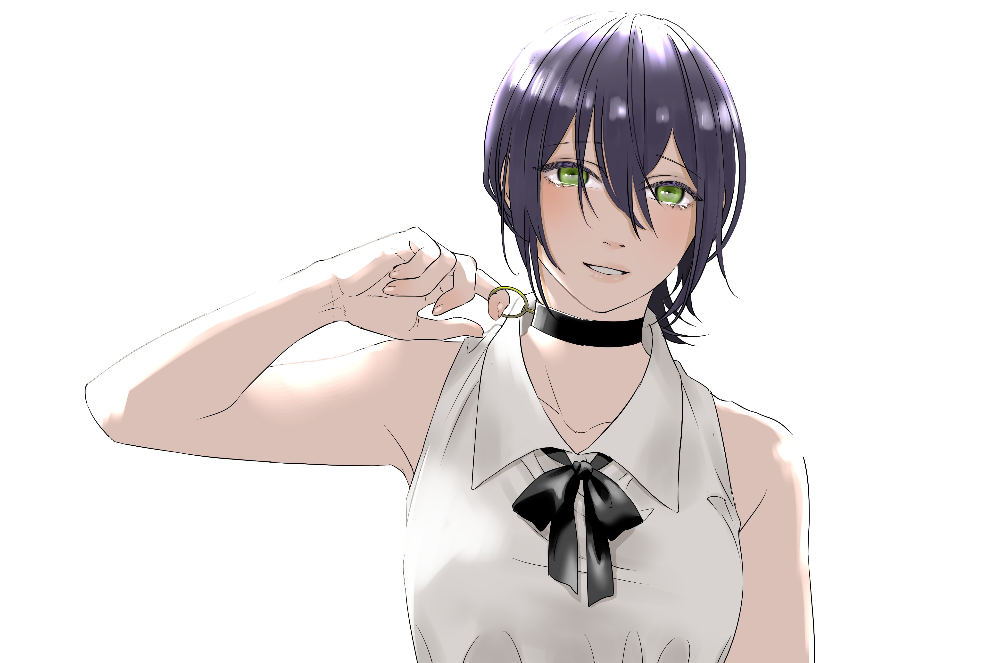 reze (chainsaw man), chainsaw man, absurdres, commentary request, highres, 1girl, backlighting, black choker, black hair, breasts, choker, dakuonpu, green eyes, grenade pin, medium breasts, parted lips, shirt, sleeveless, sleeveless shirt, smile, solo