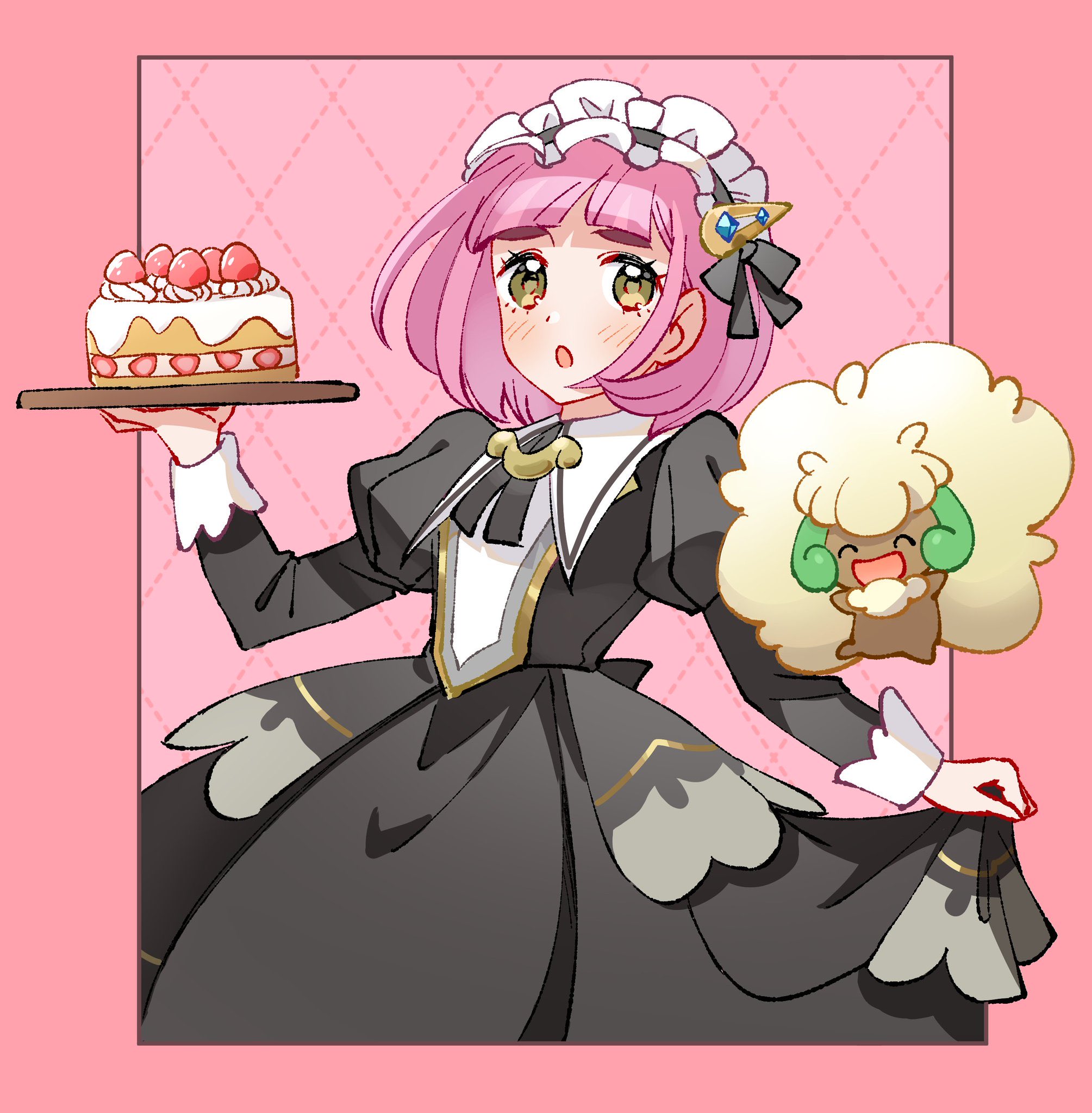 anyadesu yo, lacey (fall 2025) (pokemon), lacey (pokemon), whimsicott, nintendo, pokemon, pokemon masters ex, highres, 1girl, :o, black dress, blush, brown eyes, cake, dress, food, gen 5 pokemon, holding, holding tray, juliet sleeves, long sleeves, maid, maid headdress, official alternate costume, open mouth, pink hair, pokemon (creature), puffy sleeves, short hair, skirt hold, tray