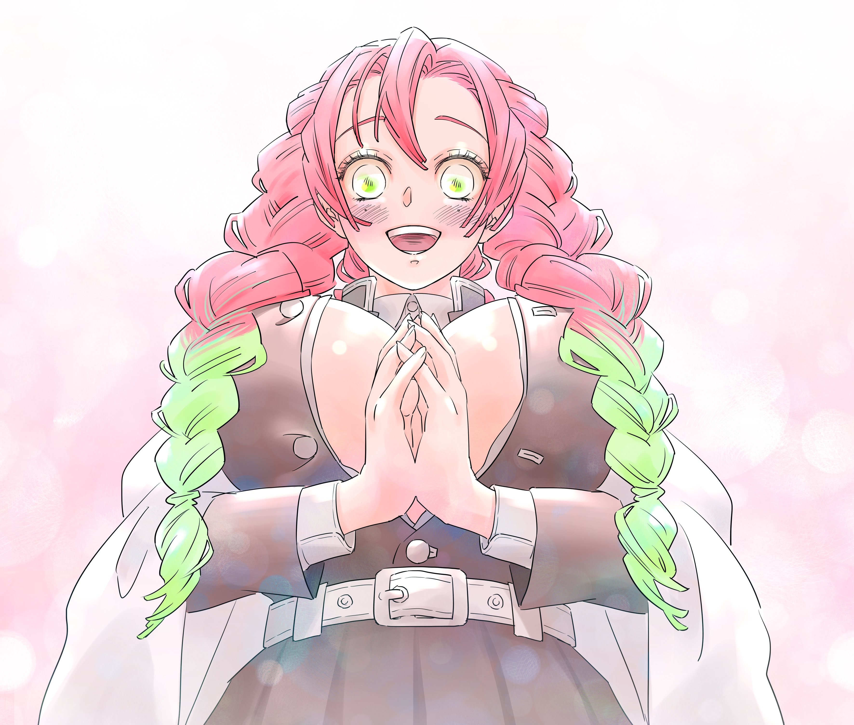 kanroji mitsuri, kimetsu no yaiba, absurdres, commentary request, highres, 1girl, belt, breasts, cleavage, dakuonpu, demon slayer uniform, from below, green eyes, green hair, haori, huge breasts, japanese clothes, mole, mole under each eye, mole under eye, multicolored hair, multiple moles, open mouth, own hands together, partially unbuttoned, pink hair, smile, solo, tri braids, two-tone hair, white belt, white haori