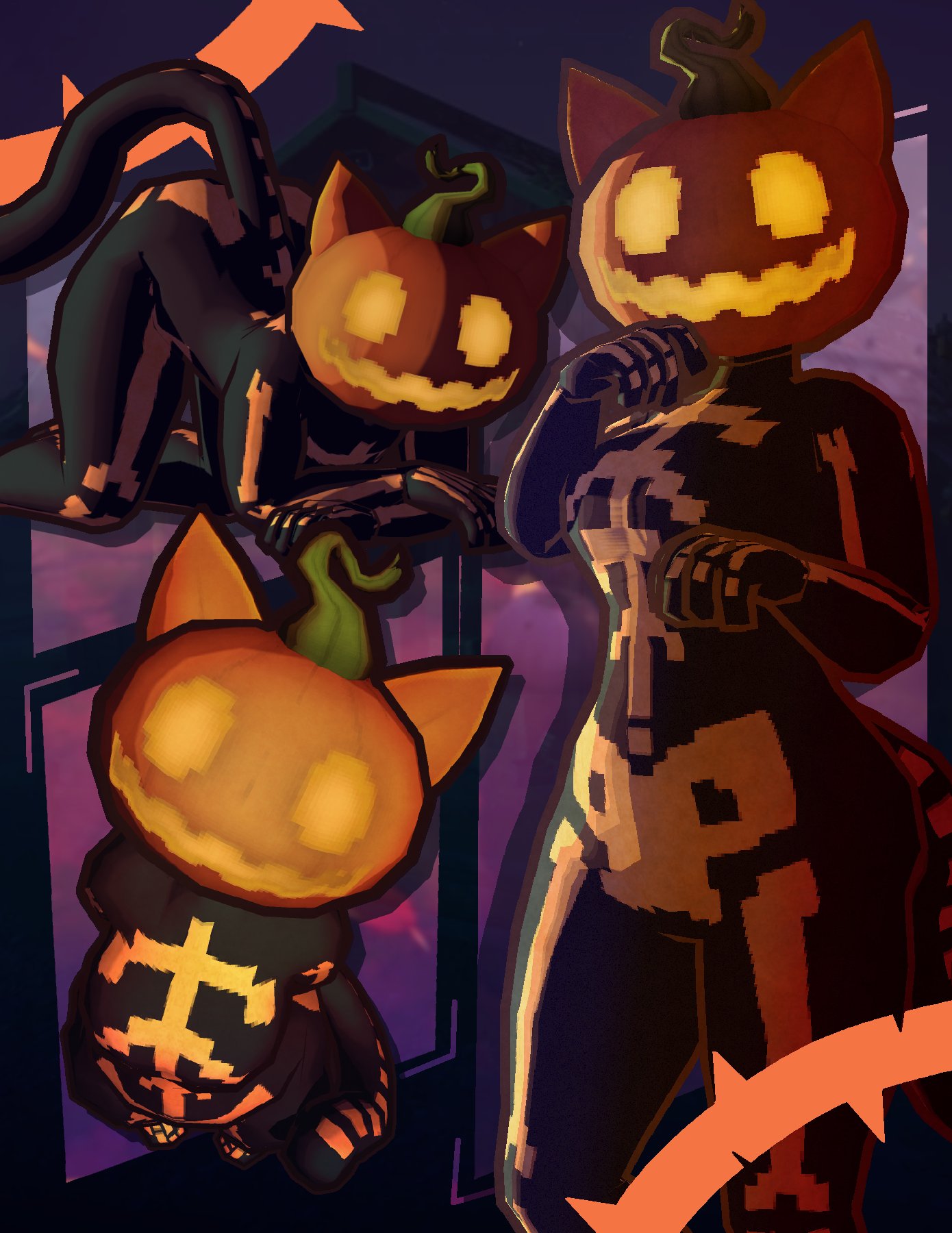 fortnite, highres, 3d, animal ears, black bodysuit, bodysuit, breasts, cat ears, cat girl, cat tail, glowing, glowing eyes, glowing mouth, jack-o'-lantern, jack-o'-lantern head, large breasts, looking at viewer, nessasdead, paw pose, pumpkin, pumpkin head, skeleton print, smile, solo, spice (fortnite), tail