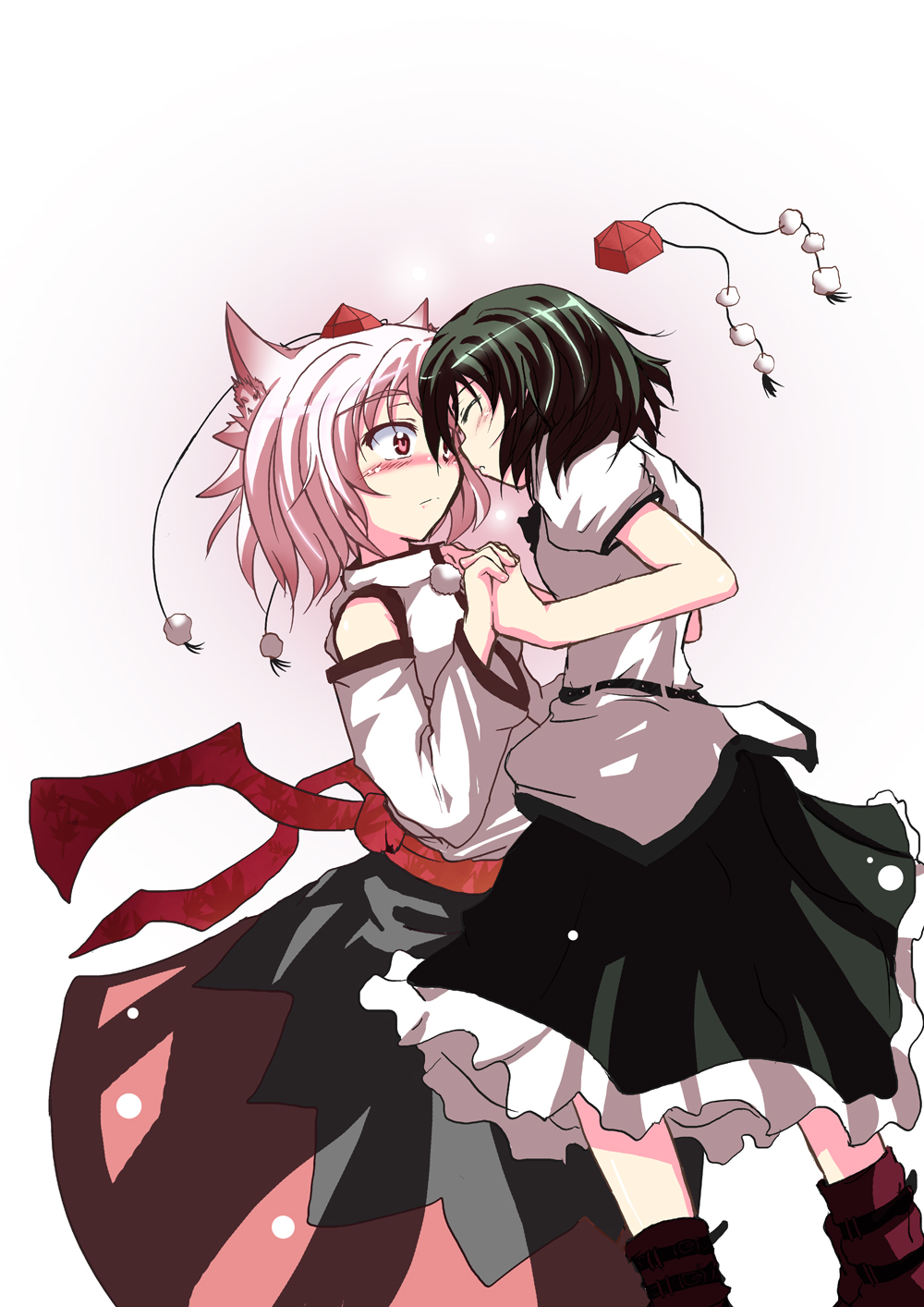 be-con, inubashiri momiji, shameimaru aya, touhou, silver hair, highres, 2girls, animal ears, black hair, blush, closed eyes, detached sleeves, female focus, hat, holding hands, imminent kiss, multiple girls, pink eyes, short hair, sparkle, tokin hat, wolf ears, yuri