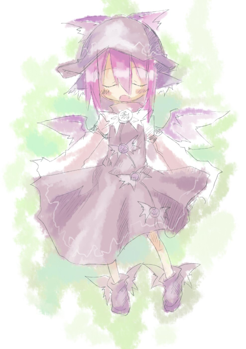 kuroneko no toorimichi, mystia lorelei, touhou, 1girl, animal ears, closed eyes, female focus, full body, hat, pink hair, short hair, solo, wings
