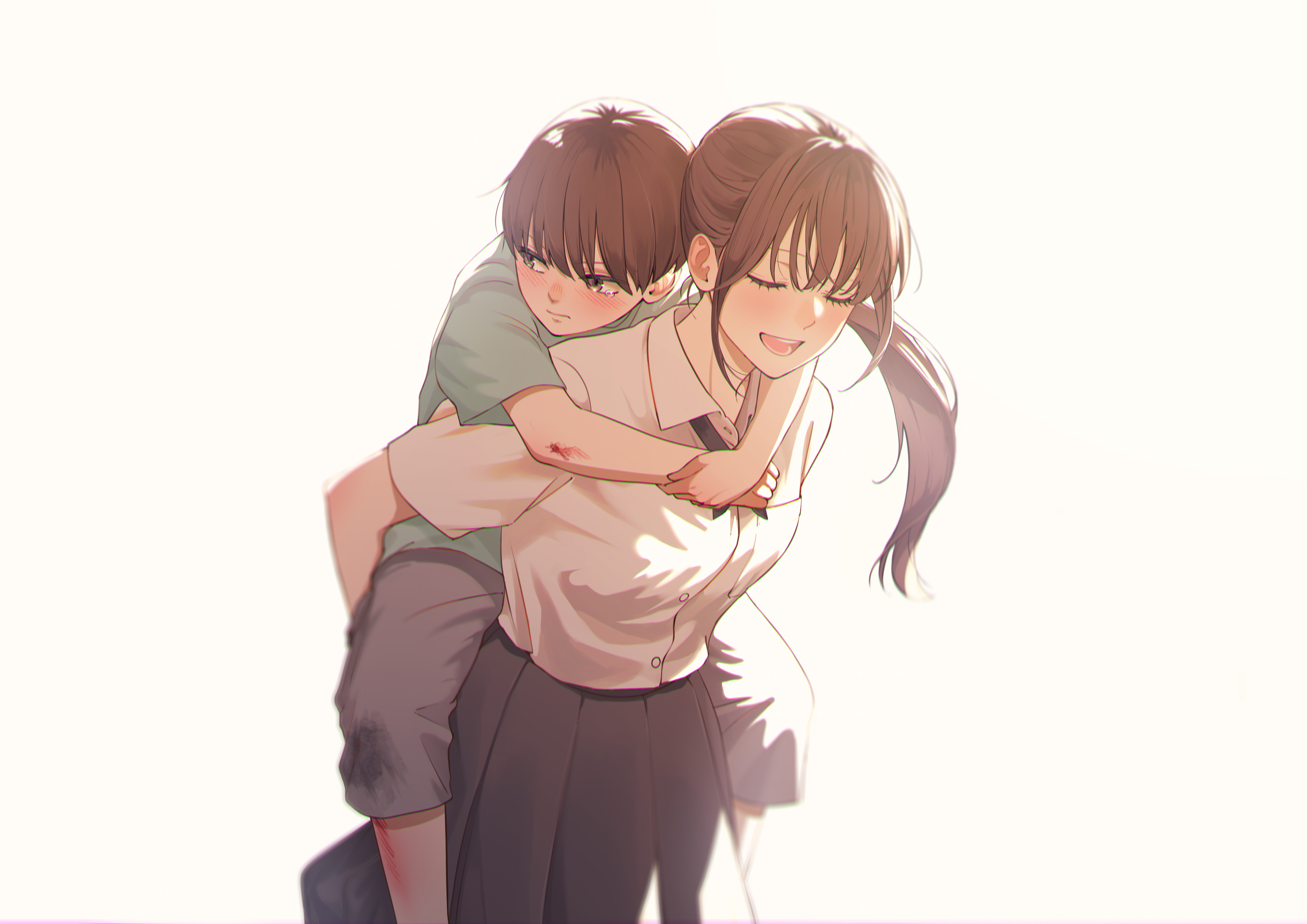 macaronk, original, absurdres, commentary request, highres, 1boy, 1girl, age difference, blush, brown hair, capri pants, carrying, chromatic aberration, collared shirt, green shirt, grey pants, grey skirt, hetero, injury, looking to the side, pants, piggyback, scrape, shirt, short sleeves, skirt, t-shirt, tearing up, tears, white shirt