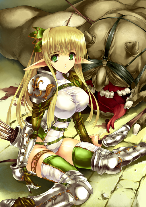 okonogi noi, original, 1girl, armor, arrow (projectile), blonde hair, bow (weapon), breasts, elf, female focus, green eyes, huge breasts, long hair, monster, pointy ears, quiver, solo, thighhighs, twintails, weapon