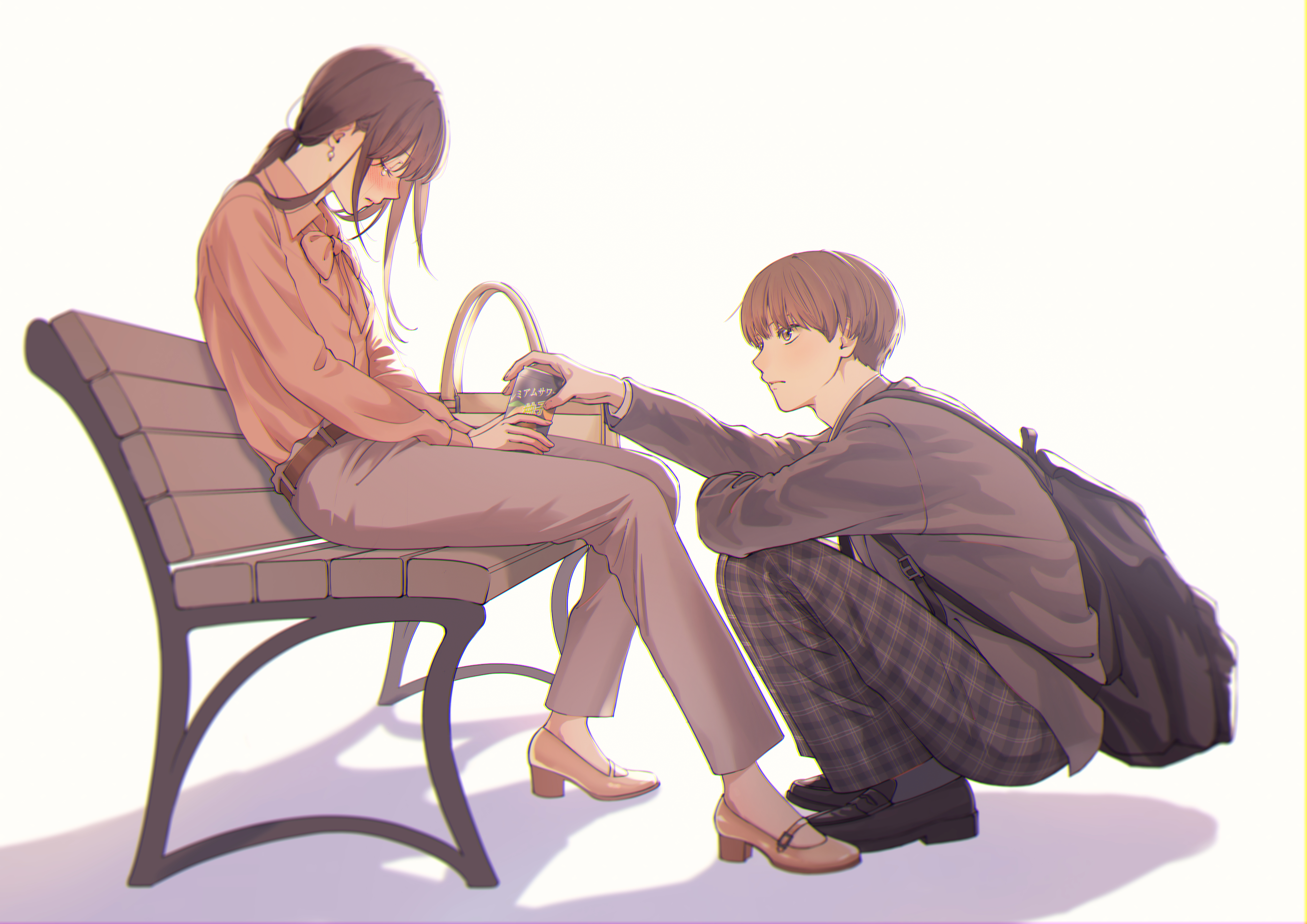 macaronk, original, absurdres, commentary request, highres, 1boy, 1girl, age difference, backpack, bag, black shoes, blush, bow, bowtie, brown eyes, brown hair, brown shirt, brown shoes, can, chromatic aberration, closed mouth, earrings, from side, grey pants, hetero, holding, holding can, jewelry, looking at another, on bench, orange bow, orange bowtie, orange shirt, pants, plaid clothes, plaid pants, ponytail, shadow, shirt, shirt tucked in, shoes, sitting, squatting, tearing up