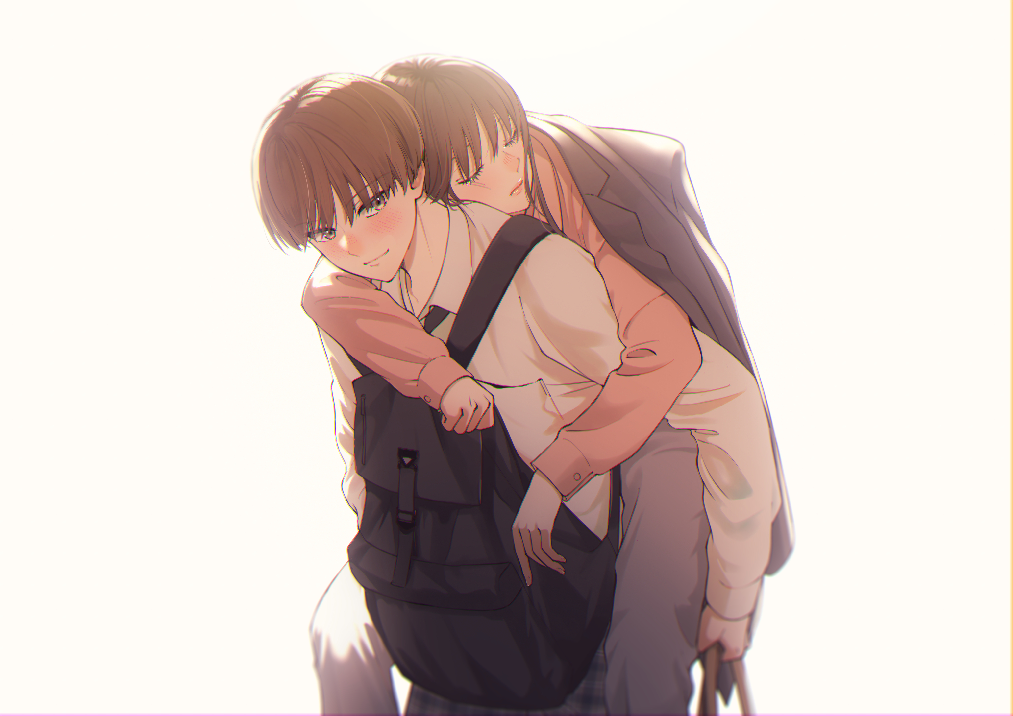 macaronk, original, absurdres, commentary request, highres, 1boy, 1girl, age difference, black bag, blush, brown eyes, brown hair, carrying, chromatic aberration, closed mouth, front backpack, grey pants, hetero, jacket, jacket on shoulders, long sleeves, orange shirt, pants, piggyback, plaid clothes, plaid pants, shirt, simple background, white background