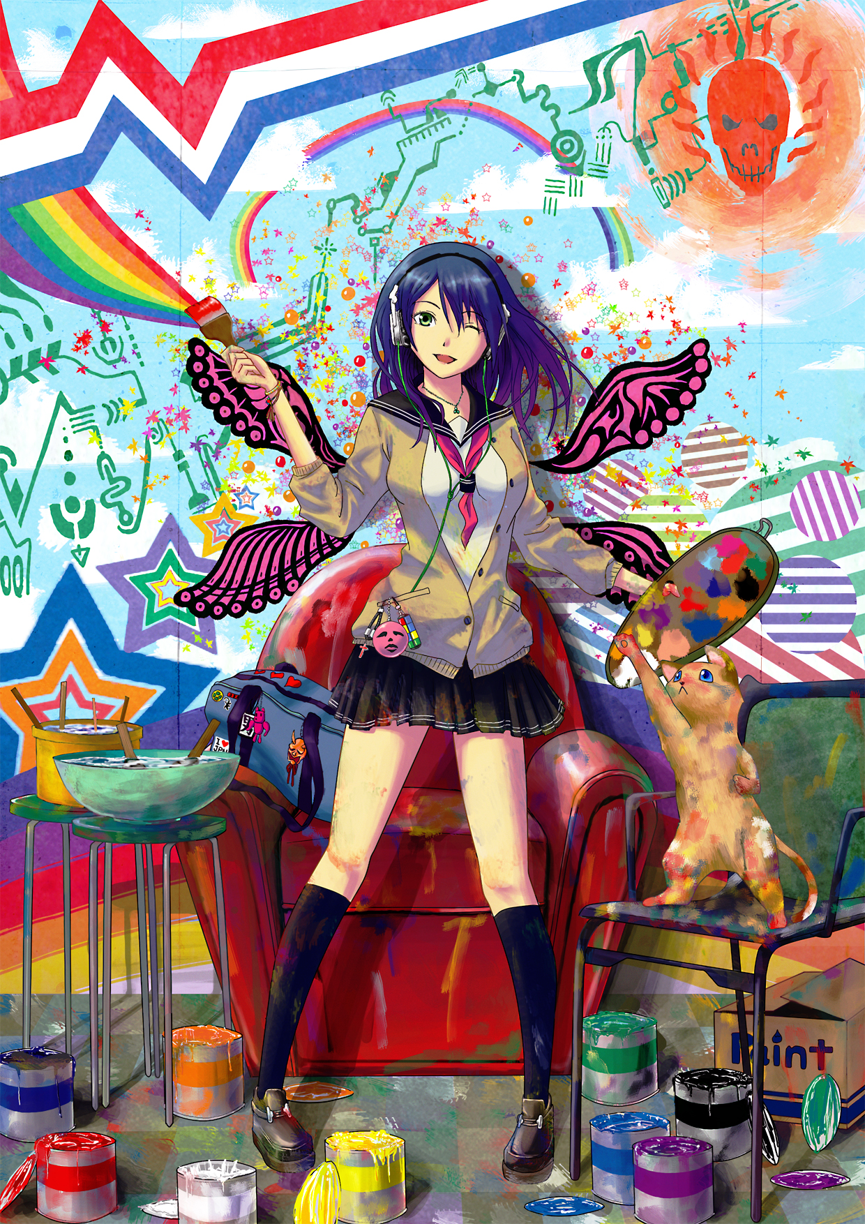 kaeru314, kaeru (kaerism), original, derivative work, highres, 1girl, art brush, bag, blue hair, cat, charm (object), female focus, green eyes, headphones, jewelry, kneehighs, long hair, necklace, paint, paint palette, paintbrush, school uniform, skirt, sleeves pushed up, socks, solo, trim brush