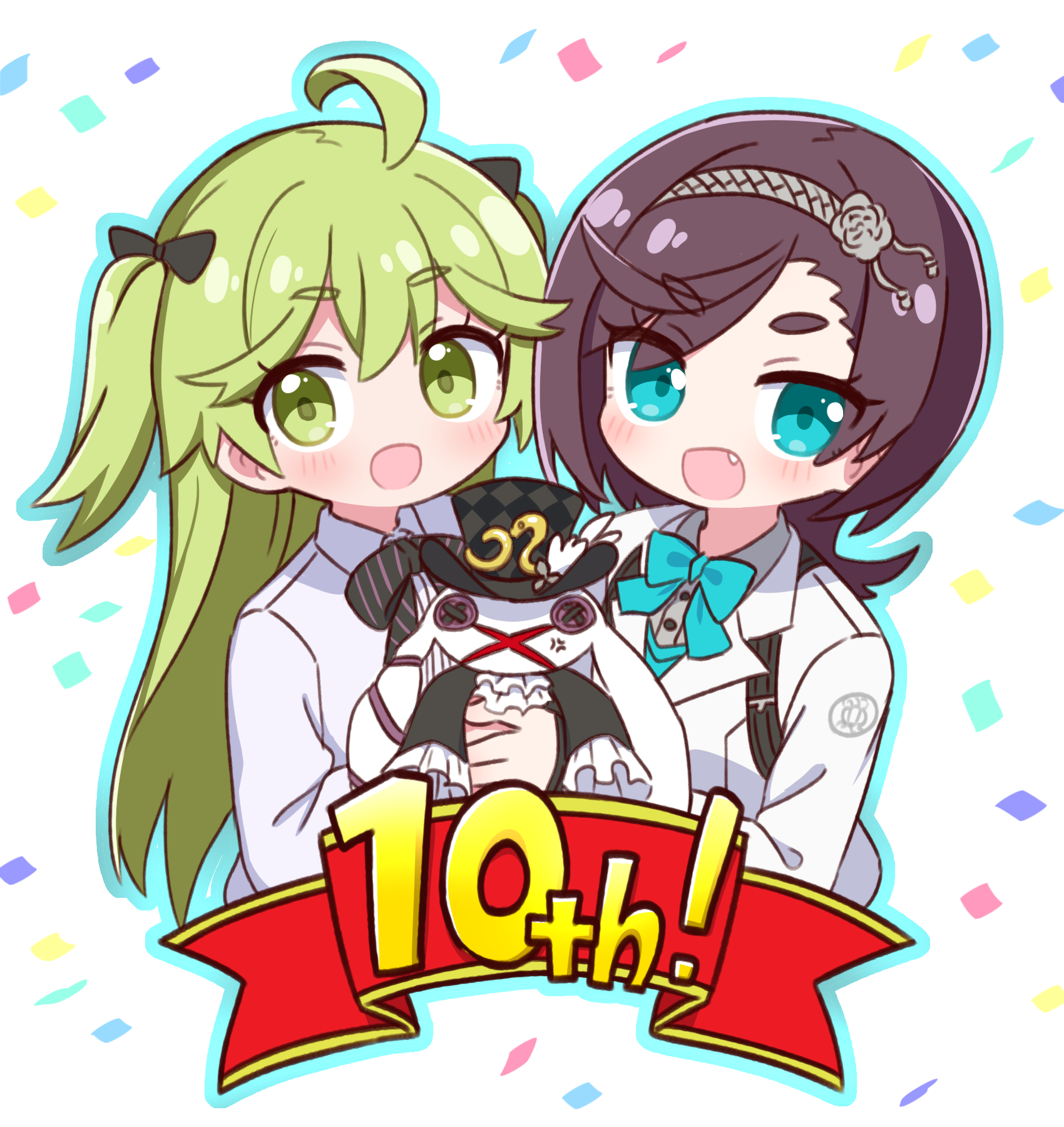 naga u, samurai (7th dragon), 7th dragon (series), 7th dragon iii, character request, commentary request, highres, 2girls, :d, ahoge, anniversary, black bow, blue bow, blue bowtie, blue eyes, bow, bowtie, brown hair, collared shirt, fang, green eyes, green hair, grey shirt, hair bow, hairband, holding, jacket, long hair, mio (7th dragon), multiple girls, nagamimi (7th dragon), open mouth, shirt, smile, thick eyebrows, two side up, white background, white jacket, white shirt, yaiba (7th dragon iii)