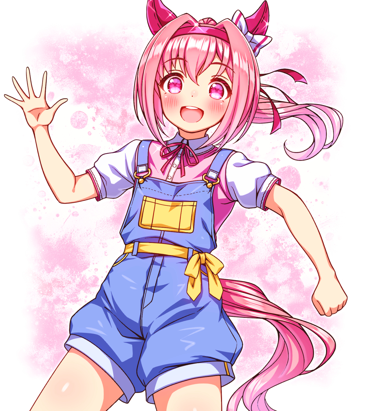 sugimotty nova, haru urara (casual) (umamusume), haru urara (umamusume), umamusume, highres, 1girl, animal ears, blue overalls, blush, bow, casual, ear bow, ear covers, flower-shaped pupils, flower in eye, hairband, headband, horse ears, horse girl, horse tail, long hair, looking at viewer, open mouth, overall shorts, overalls, pink eyes, pink hair, pink headband, pink shirt, ponytail, red headband, ribbon, shirt, short sleeves, smile, solo, symbol-shaped pupils, symbol in eye, tail, teeth, upper teeth only