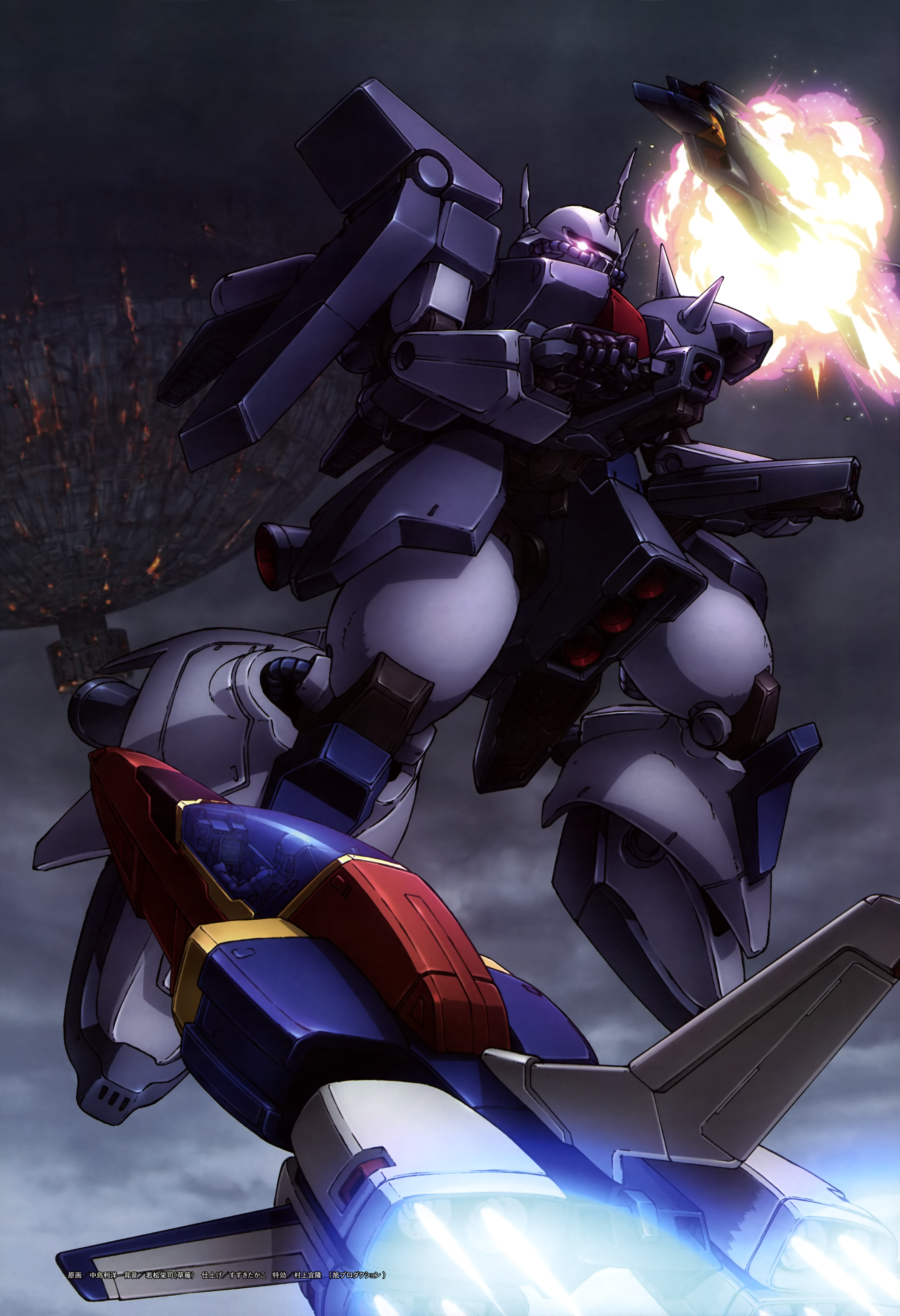core fighter, judau ashta, zaku iii, zz gundam, gundam, gundam zz, absurdres, artist request, highres, magazine scan, scan, 1boy, aeug, battle, beam cannon, burning, cable, canopy (aircraft), cloud, cloudy sky, damaged, explosion, fire, flying, freefall, gundam perfect file, machinery, mecha, mecha pilot suit, mobile suit, neo zeon, o'neill cylinder, one-eyed, pilot, pink eyes, radio antenna, realistic, robot, scene reference, science fiction, shield, sky, spacecraft, starfighter, thrusters, when you see it, zaku iii rakan dahkaran custom
