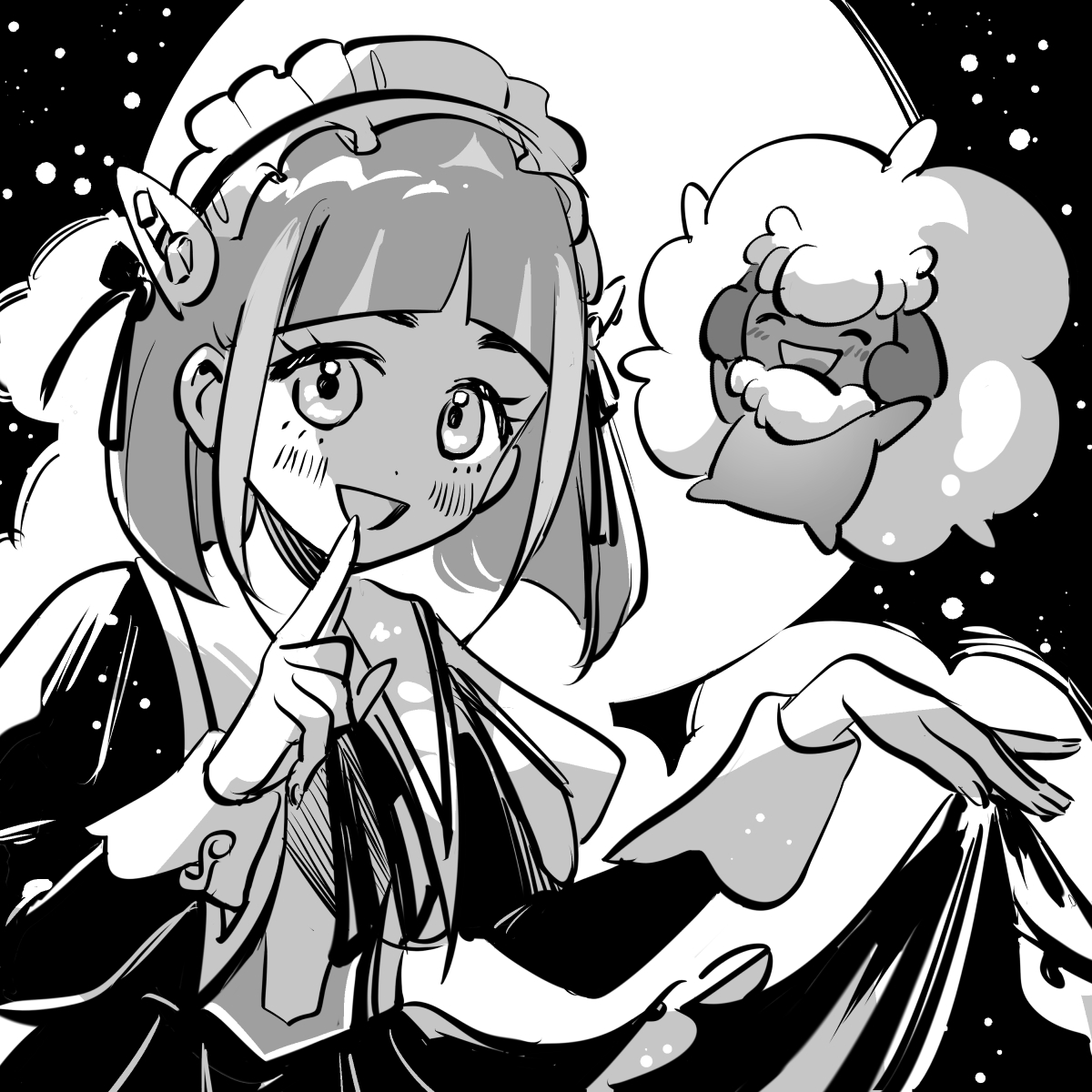 assassinookayu, lacey (fall 2025) (pokemon), lacey (pokemon), whimsicott, nintendo, pokemon, pokemon masters ex, highres, 1girl, :d, dress, eyelashes, gen 5 pokemon, greyscale, hair ornament, hairclip, index finger raised, juliet sleeves, long sleeves, looking at viewer, maid, maid headdress, monochrome, official alternate costume, open mouth, pokemon (creature), puffy sleeves, short hair, skirt hold, smile