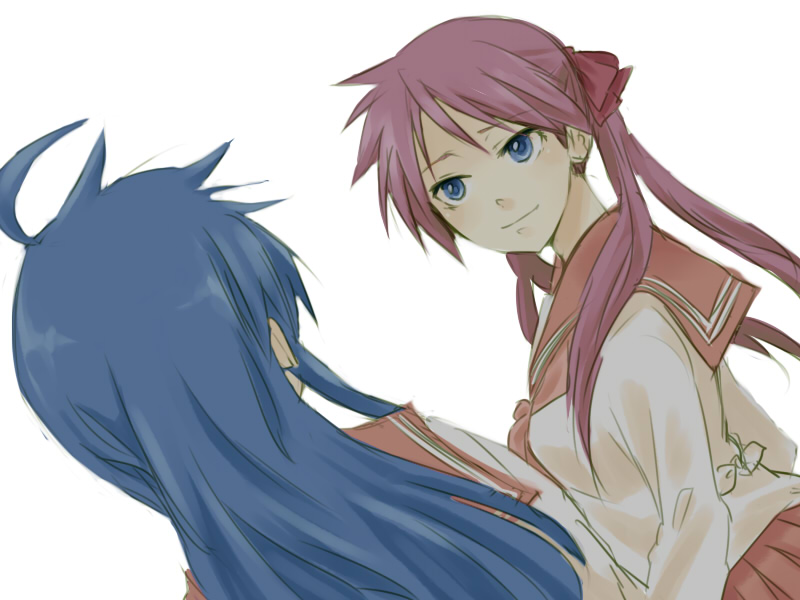 kochoko, hiiragi kagami, izumi konata, lucky star, bad id, bad pixiv id, 00s, 2girls, ahoge, from behind, multiple girls