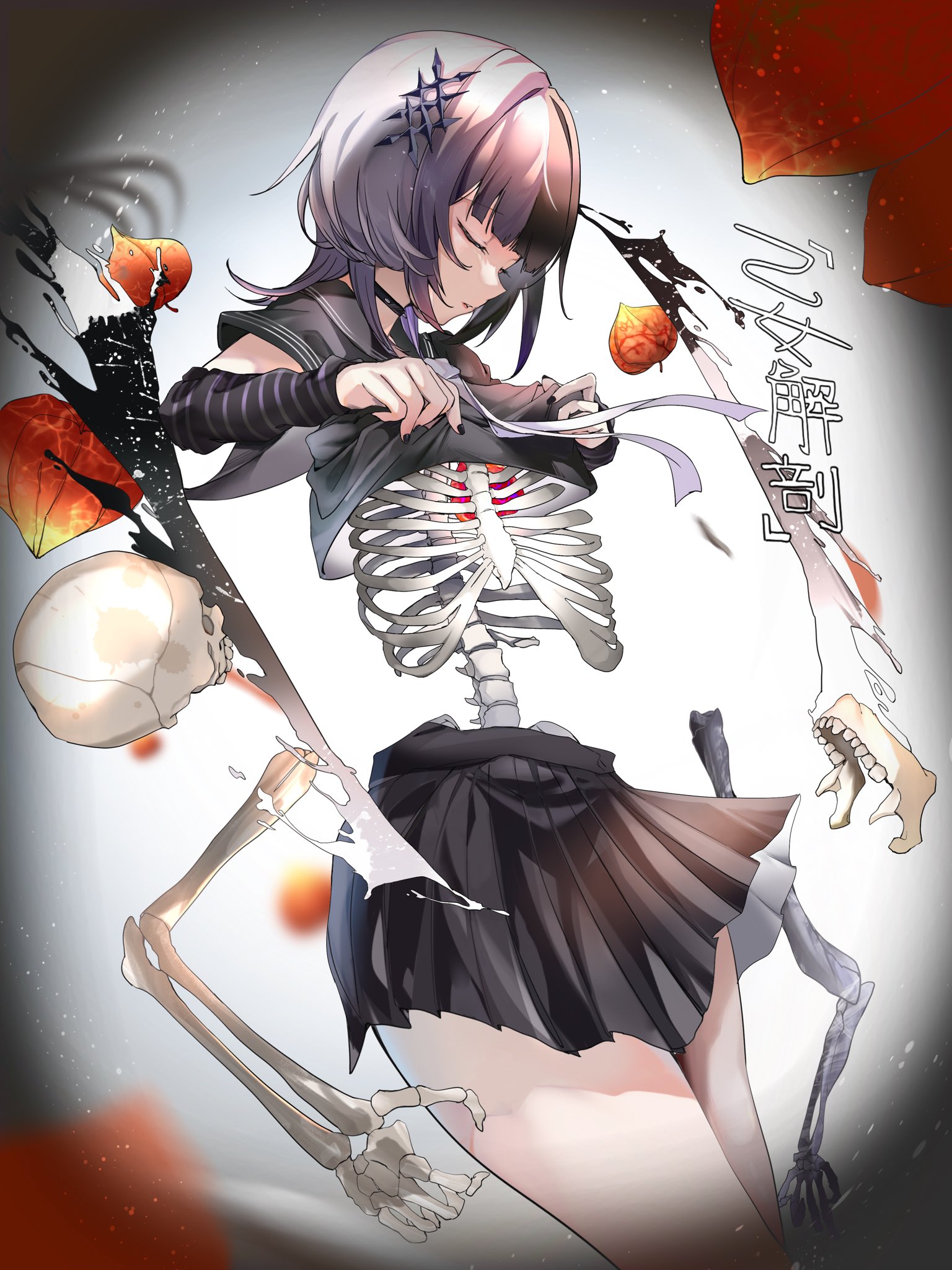 caicos, shiori novella, hololive, hololive english, highres, 1girl, black arm warmers, black choker, black hair, black nails, black shirt, black skirt, choker, closed eyes, clothes lift, grey hair, lifting own clothes, long hair, multicolored hair, pleated skirt, ribs, shirt, shirt lift, skeleton, skirt, skull, solo, spine, split-color hair, striped arm warmers, two-tone hair, virtual youtuber
