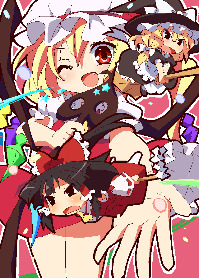 9law, flandre scarlet, hakurei reimu, kirisame marisa, touhou, bad id, bad pixiv id, 3girls, blonde hair, broom, broom riding, chibi, fang, female focus, multiple girls, oekaki, one eye closed