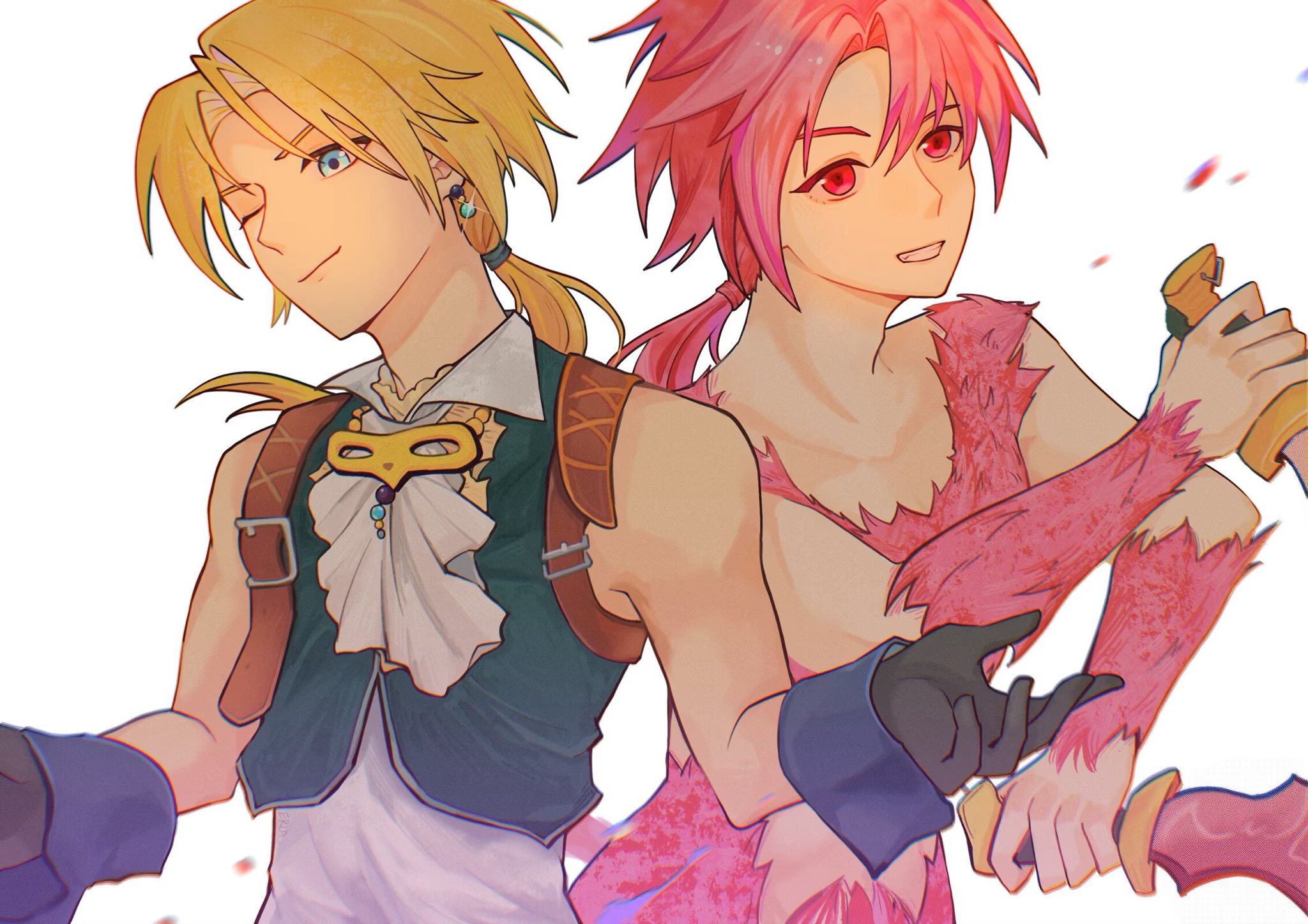 carmen erla, trance zidane tribal, zidane tribal, final fantasy, final fantasy ix, highres, 2boys, ascot, bare shoulders, black gloves, blonde hair, blue eyes, blue wrist cuffs, collared shirt, cropped vest, dagger, dual persona, dual wielding, earrings, gloves, grin, hair between eyes, holding, holding dagger, holding knife, holding weapon, jewelry, knife, low ponytail, male focus, multiple boys, one eye closed, parted bangs, parted lips, pink fur, pink hair, ponytail, red eyes, shirt, sleeveless, sleeveless shirt, smile, teeth, upper body, vest, weapon, white ascot, white background, white shirt, wrist cuffs