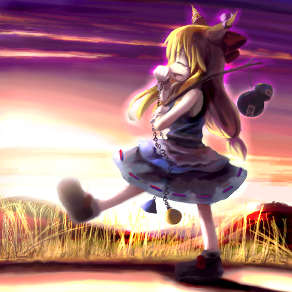 tsubasa (abchipika), ibuki suika, touhou, 1girl, ^ ^, bare shoulders, blonde hair, blue skirt, bow, closed eyes, female focus, field, from side, full body, grass, hair bow, horns, long hair, oni, path, profile, red bow, road, shirt, skirt, sleeveless, sleeveless shirt, solo, sunrise, very long hair, walking, white shirt