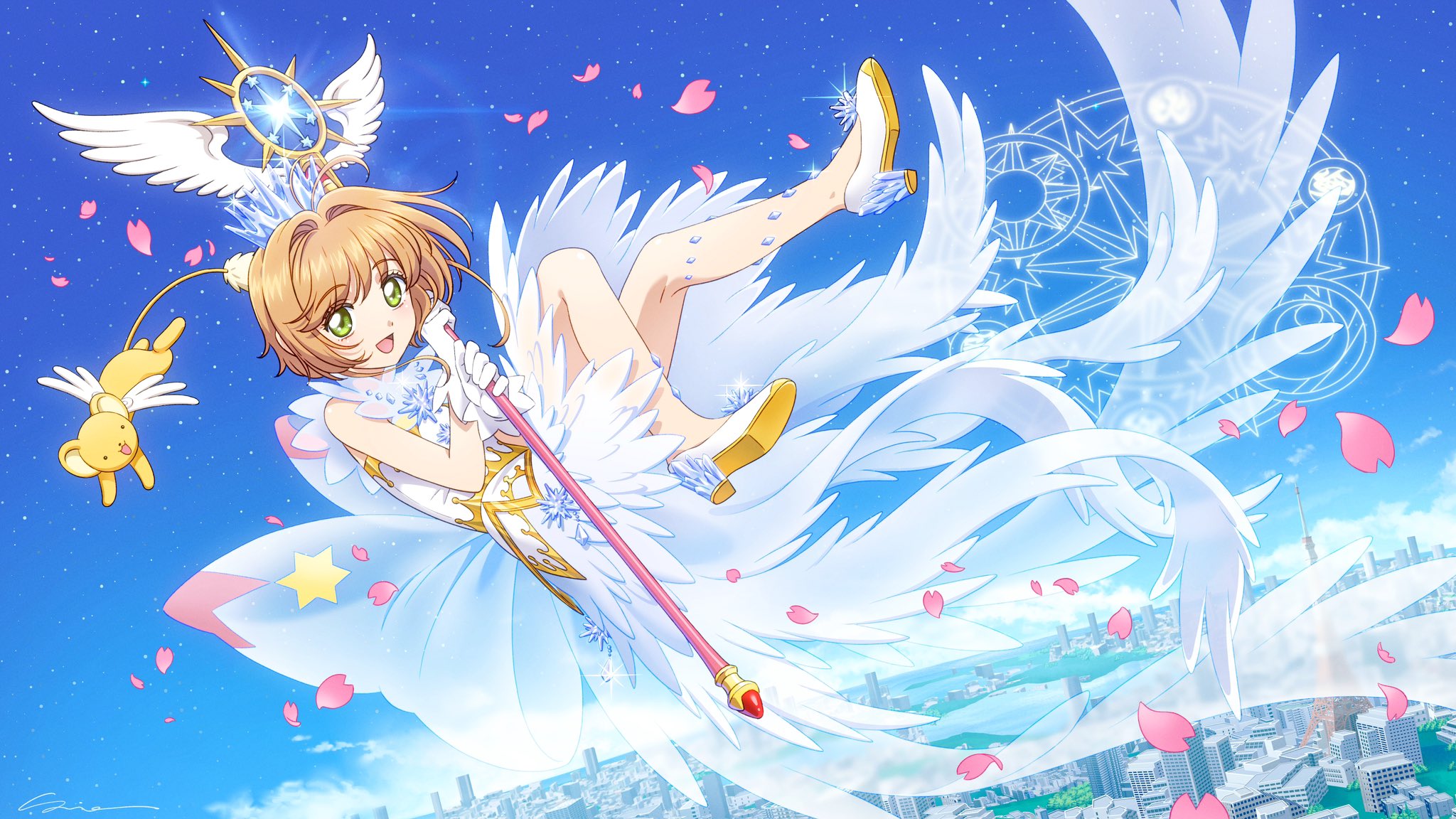 sidney deng, kero (cardcaptor sakura), kinomoto sakura, kinomoto sakura (clear wings), cardcaptor sakura, cardcaptor sakura clear card arc, commentary, english commentary, highres, 1girl, back bow, blue sky, bow, brown hair, city, day, dress, flying, full body, gloves, green eyes, holding, holding staff, hoshi no tsue, looking at viewer, magic circle, magical girl, open mouth, outdoors, petals, pointed crown, shoe soles, short hair, sky, staff, tokyo tower, white dress, white gloves
