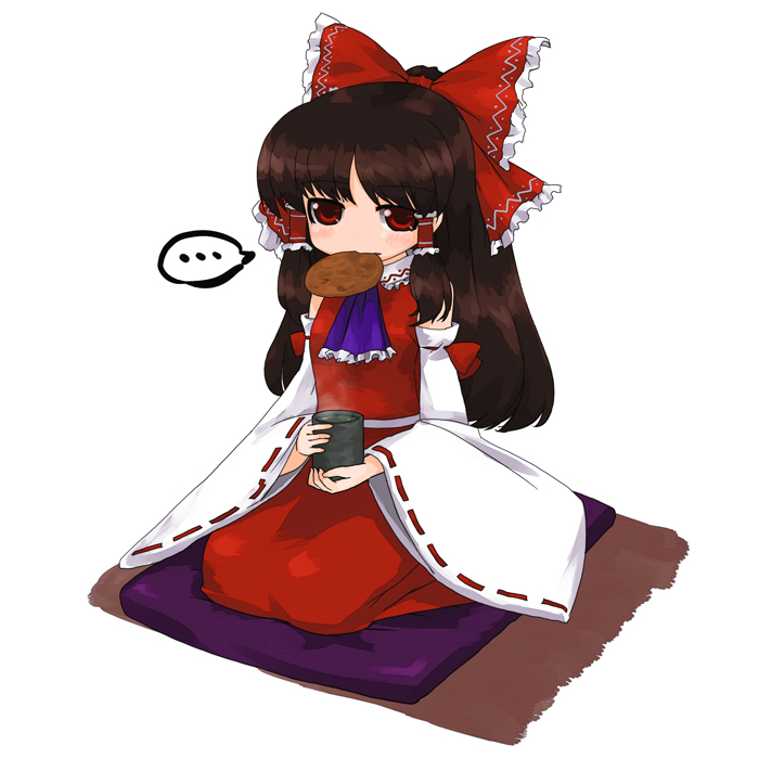ktsecond, hakurei reimu, phantasmagoria of flower view, touhou, bad id, bad pixiv id, 1girl, cookie, cup, eating, female focus, food, japanese clothes, kneeling, miko, mouth hold, seiza, simple background, sitting, solo, tea, white background, yunomi