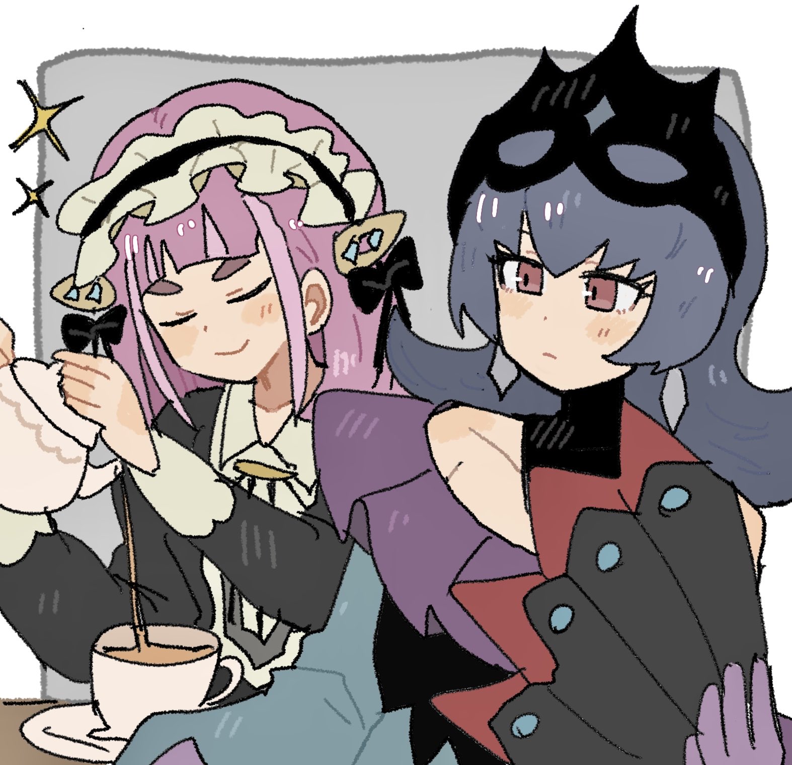han0579, bellelba (pokemon), lacey (fall 2025) (pokemon), lacey (pokemon), sabrina (pokemon), nintendo, pokemon, pokemon masters ex, highres, 2girls, black dress, closed eyes, closed mouth, cup, dress, earrings, hair ornament, hairclip, hand fan, holding, holding fan, jewelry, long sleeves, looking at another, maid, maid headdress, multiple girls, official alternate costume, pink hair, pouring, purple hair, red eyes, tea, teacup, teapot, upper body