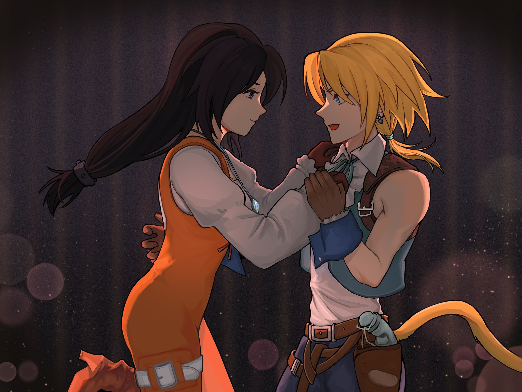 carmen erla, garnet til alexandros xvii, zidane tribal, final fantasy, final fantasy ix, highres, 1boy, 1girl, arm around back, blonde hair, blue eyes, blue pants, blue ribbon, blue vest, blue wrist cuffs, bodysuit, boots, breasts, brown eyes, brown gloves, brown hair, cat tail, collared shirt, couple, cropped vest, crystal, earrings, gloves, hair ornament, hair tie, hairclip, hetero, jewelry, long hair, long sleeves, low-tied long hair, low ponytail, medium breasts, neck ribbon, open mouth, orange bodysuit, pants, parted bangs, pendant, ponytail, puffy long sleeves, puffy sleeves, red boots, red gloves, ribbon, shirt, short hair, sleeveless, sleeveless shirt, smile, tail, thigh strap, upper body, vest, white shirt, wrist cuffs