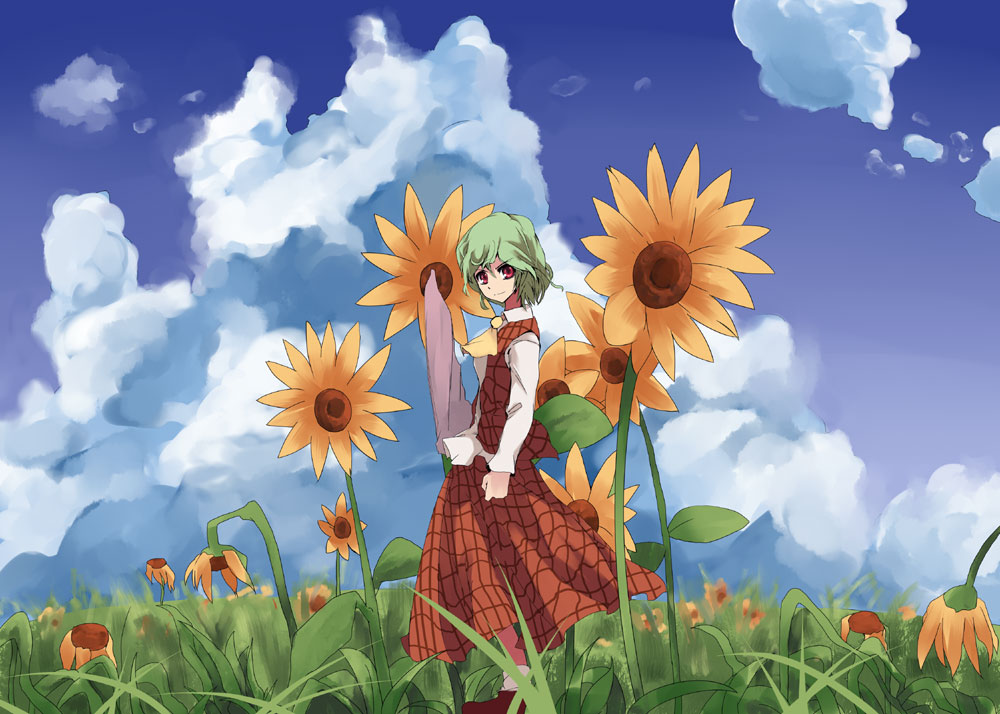 mieharu, kazami yuuka, touhou, 1girl, ascot, closed umbrella, cloud, day, female focus, field, flower, flower field, green hair, nature, plaid clothes, plaid skirt, plaid vest, red eyes, short hair, skirt, skirt set, sky, solo, sunflower, sunflower field, umbrella, vest