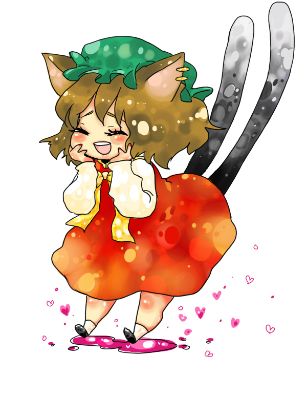 asae, asae (apricot), chen, touhou, bad id, bad pixiv id, 1girl, animal ears, cat ears, cat girl, cat tail, dress, earrings, female focus, full body, hat, jewelry, solo, tail, white background