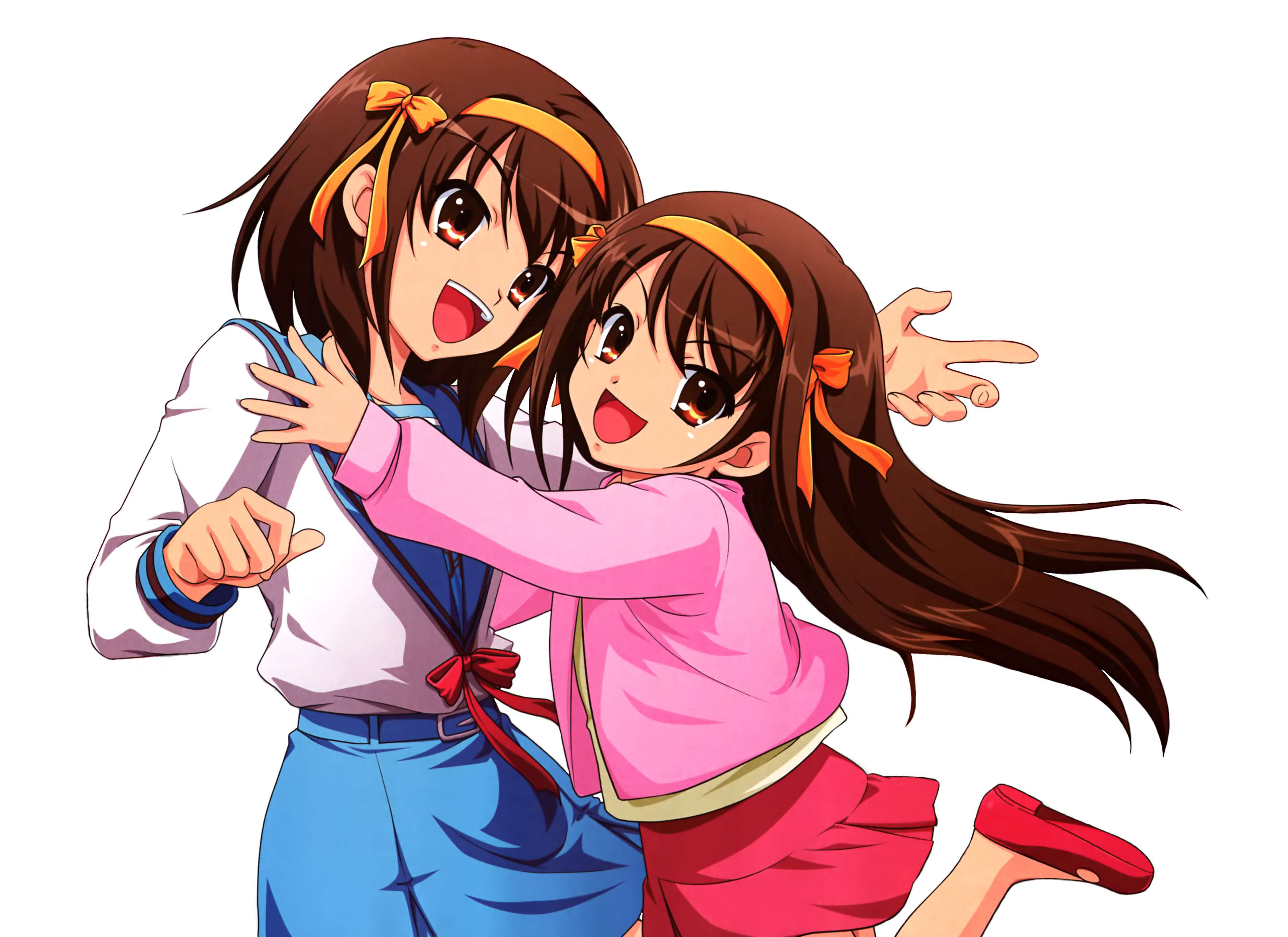 suzumiya haruhi, suzumiya haruhi (young), suzumiya haruhi no yuuutsu, absurdres, highres, 00s, 2girls, aged down, brown hair, hairband, long hair, multiple girls, orange eyes, red eyes, school uniform, serafuku, short hair, time paradox