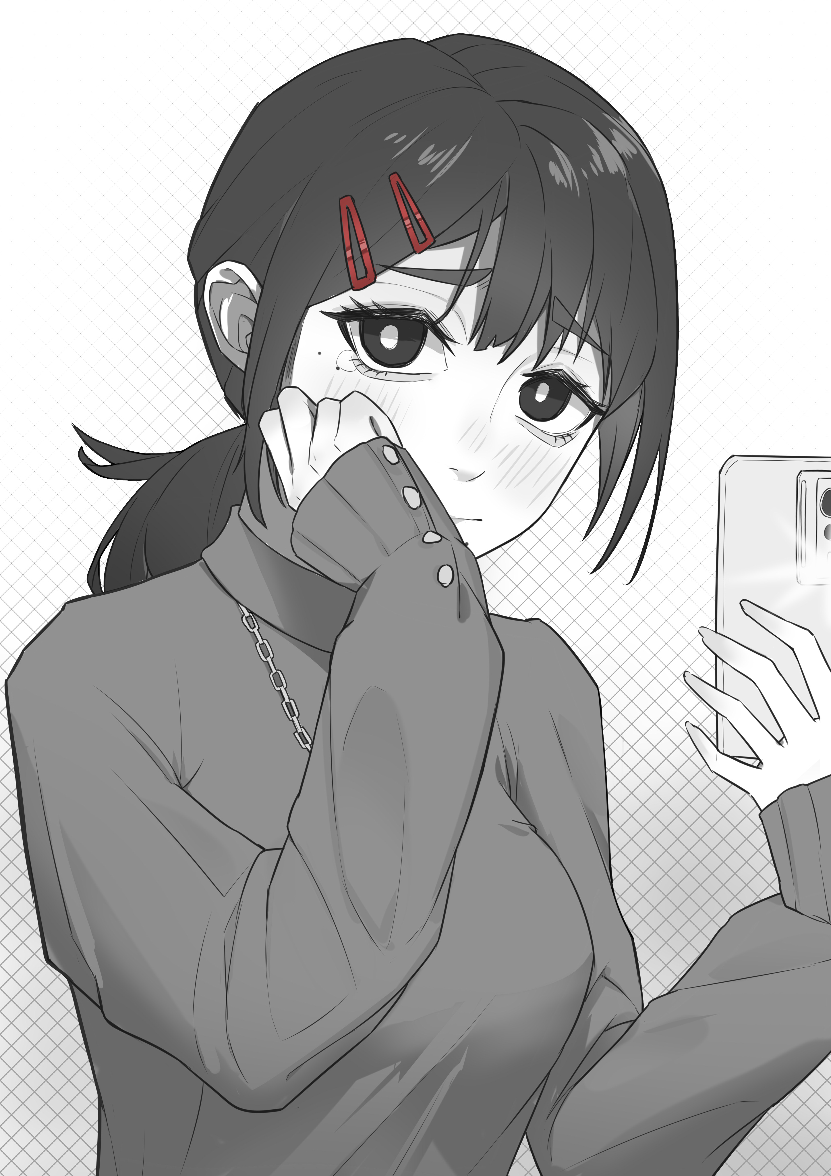 higashiyama kobeni, chainsaw man, absurdres, highres, 1girl, closed mouth, greyscale, hair ornament, hairclip, holding, holding phone, jewelry, light blush, looking at viewer, mole, mole under eye, monochrome, multiple moles, necklace, phone, ponytail, single sidelock, solo, spot color, sweater, xibai