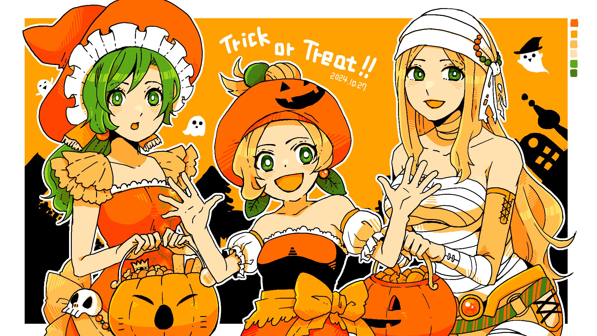 pacpac hohho, celes chere, relm arrowny, tina branford, final fantasy, final fantasy vi, highres, 3girls, bandaged chest, bandaged head, bandaged neck, bandages, bare shoulders, blonde hair, border, breasts, candy, color guide, detached sleeves, dress, food, ghost, green eyes, green hair, halloween, halloween bucket, halloween costume, hand up, hat, hat ornament, leaf hat ornament, long hair, medium breasts, multiple girls, mummy costume, open mouth, orange background, orange dress, orange hat, parted bangs, parted lips, ponytail, pumpkin costume, short hair, skull ornament, smile, trick or treat, w arms, white border, witch hat, yellow sleeves