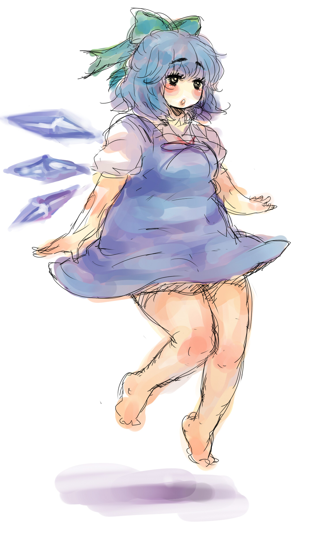 asae, asae (apricot), cirno, touhou, bad id, bad pixiv id, highres, 1girl, barefoot, blue hair, blush, bow, breasts, dress, eyelashes, fat, fat woman, female focus, full body, medium breasts, plump, sketch, solo, white background, wings