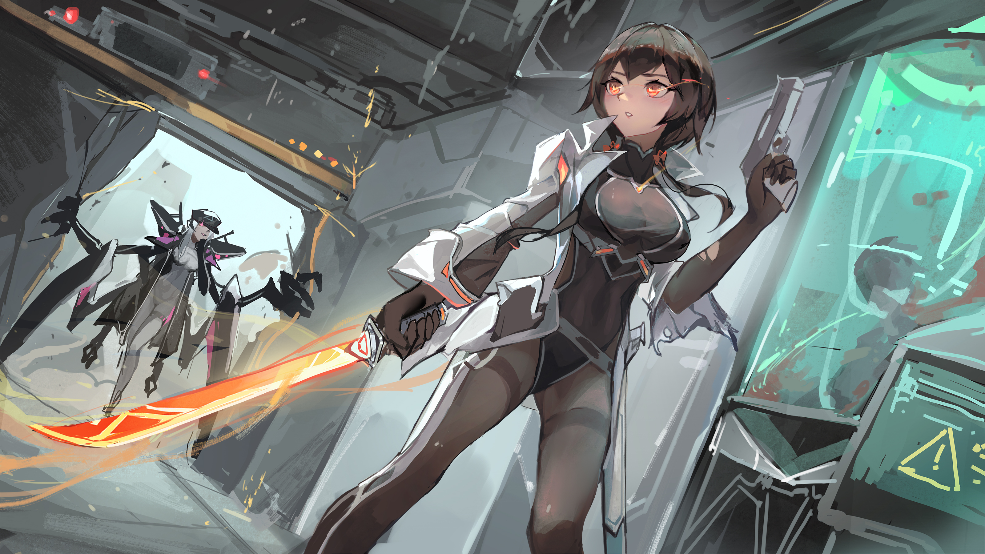 youlan, original, absurdres, commentary request, highres, 2girls, asymmetrical dual wielding, black coat, black gloves, black hair, black leotard, black pantyhose, bodysuit, breasts, coat, dual wielding, dutch angle, fire, flaming sword, flaming weapon, gloves, glowing, glowing eye, glowing eyes, gun, handgun, holding, holding gun, holding sword, holding weapon, indoors, large breasts, leotard, medium breasts, multiple girls, orange eyes, pantyhose, science fiction, short hair, sword, thighband pantyhose, weapon, white bodysuit