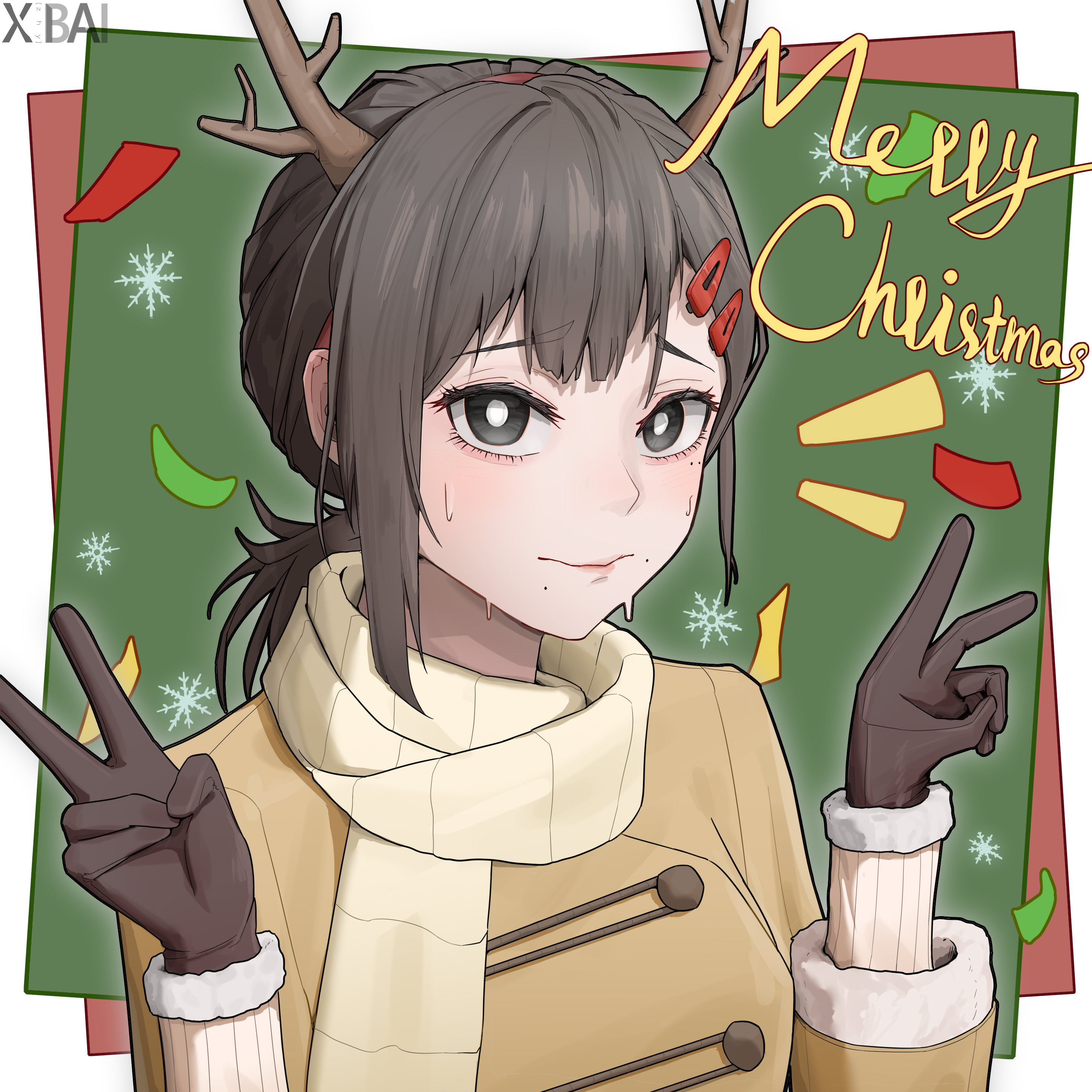 higashiyama kobeni, chainsaw man, absurdres, highres, 1girl, antlers, black eyes, black gloves, black hair, brown coat, closed mouth, coat, double v, fake antlers, gloves, hair ornament, hairclip, horns, looking at viewer, merry christmas, mole, mole under eye, mole under mouth, multiple moles, notice lines, ponytail, reindeer antlers, scarf, single sidelock, solo, sweat, v, winter clothes, winter coat, xibai, yellow scarf