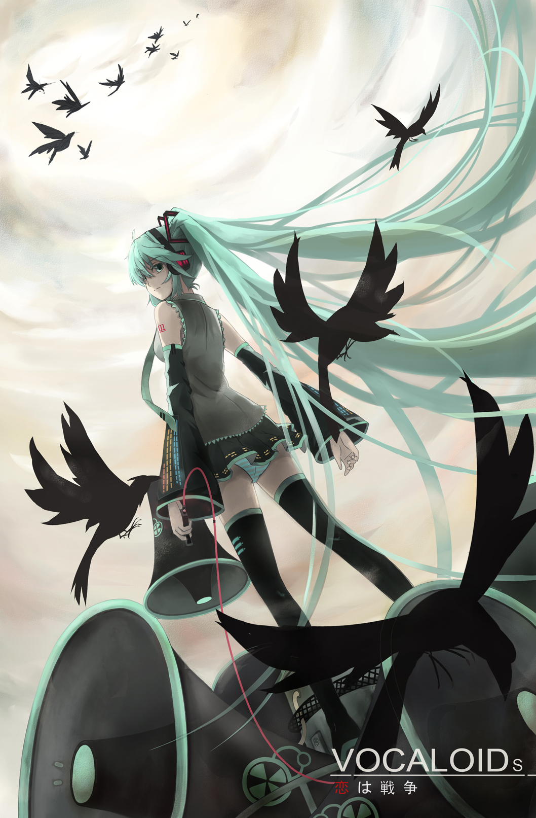 xiaoye, hatsune miku, koi wa sensou (vocaloid), vocaloid, bad id, bad pixiv id, highres, 1girl, aqua eyes, aqua hair, bird, cloud, detached sleeves, female focus, long hair, megaphone, necktie, outdoors, panties, pantyshot, skirt, sky, solo, striped clothes, striped panties, thighhighs, twintails, underwear, very long hair