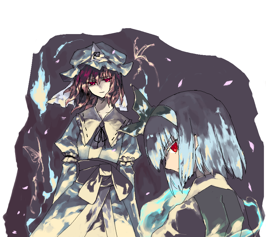 fori, konpaku youmu, konpaku youmu (ghost), saigyouji yuyuko, touhou, 2girls, female focus, hairband, hat, hitodama, multiple girls, oekaki, pink hair, red eyes, short hair